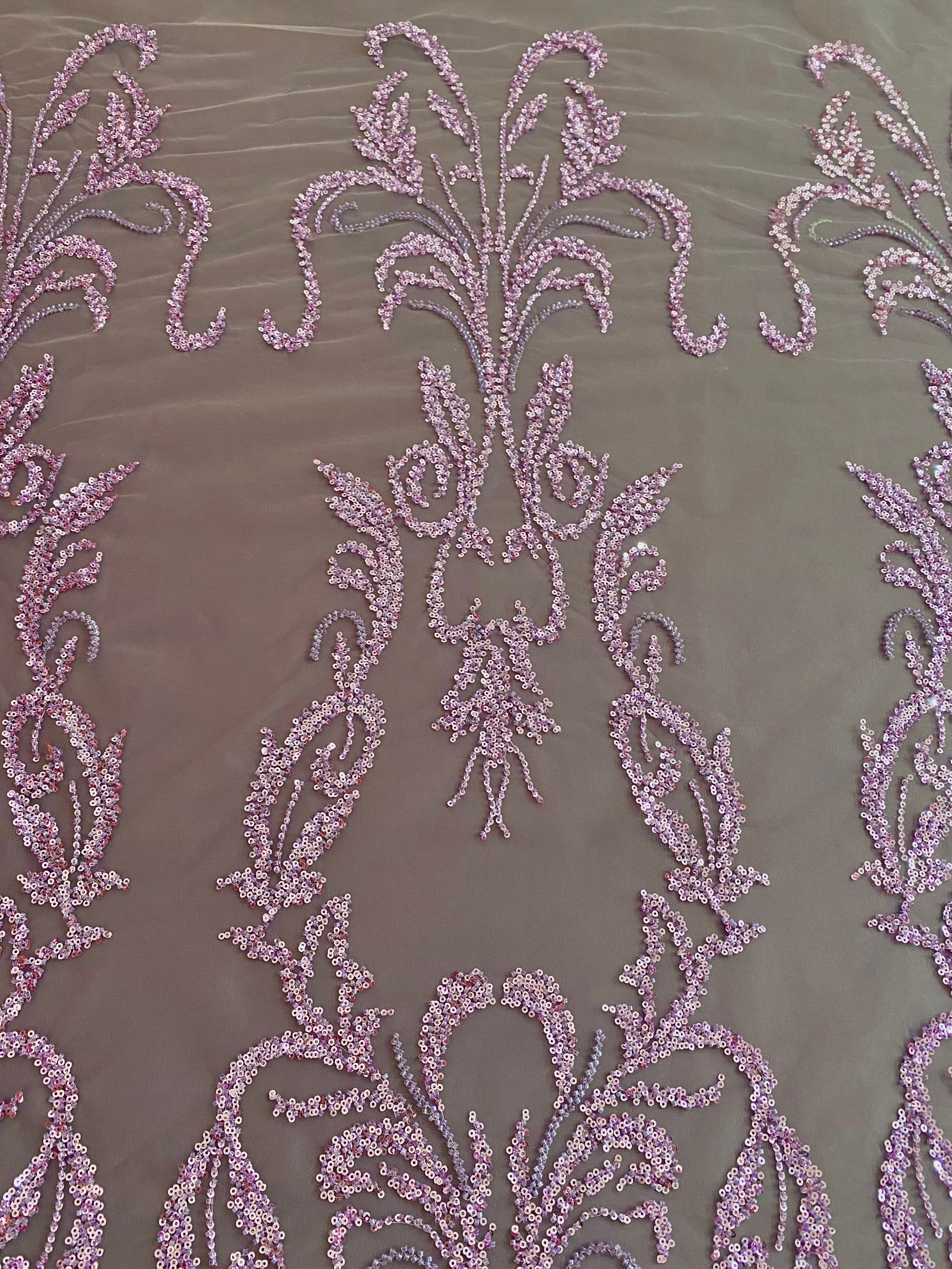 Dantela Couture Lavanda Pudrata cu Model Geometric, cu Margele si Paiete