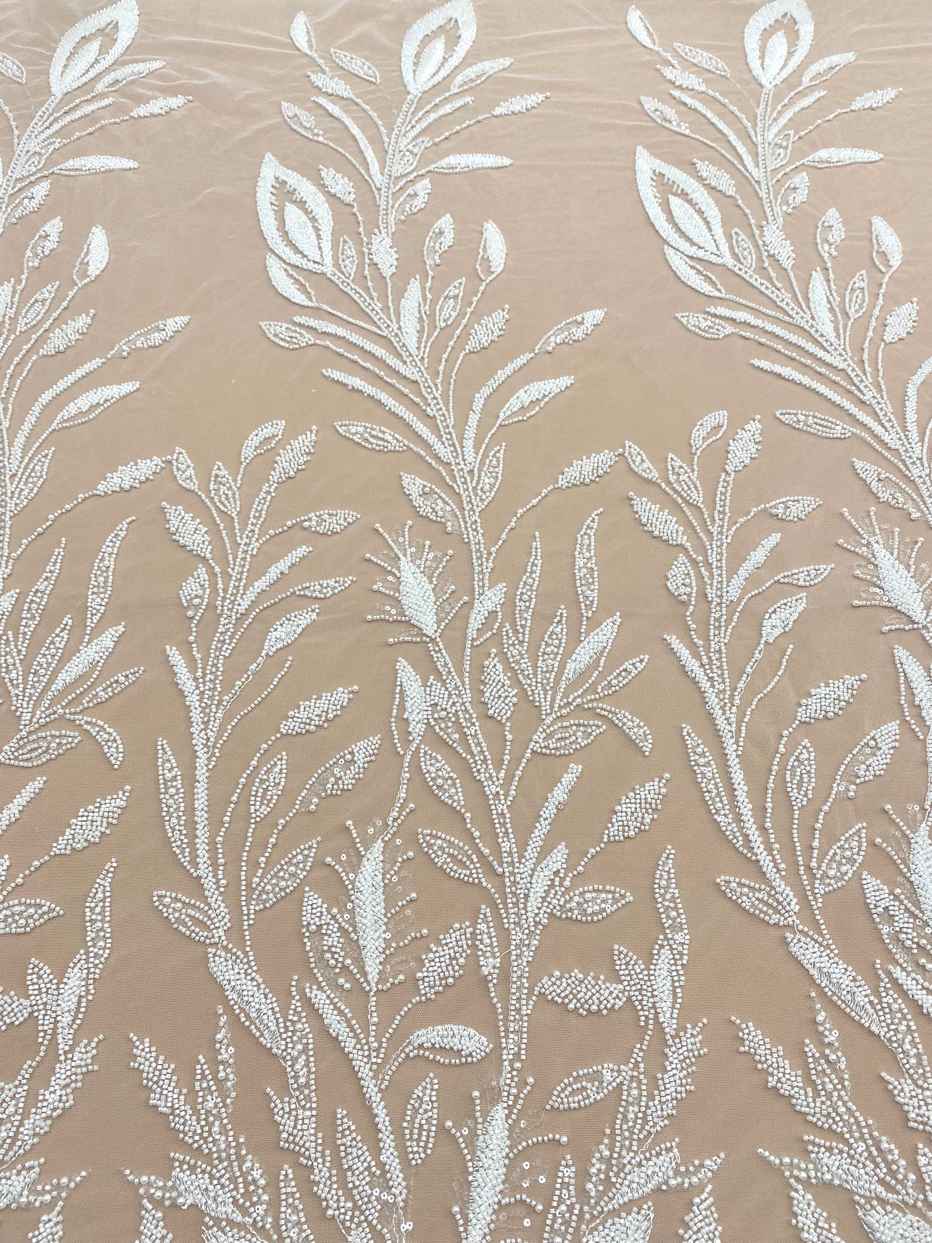 Ivory Couture Lace with Floral Pattern, Pearls, Beads and Sequins