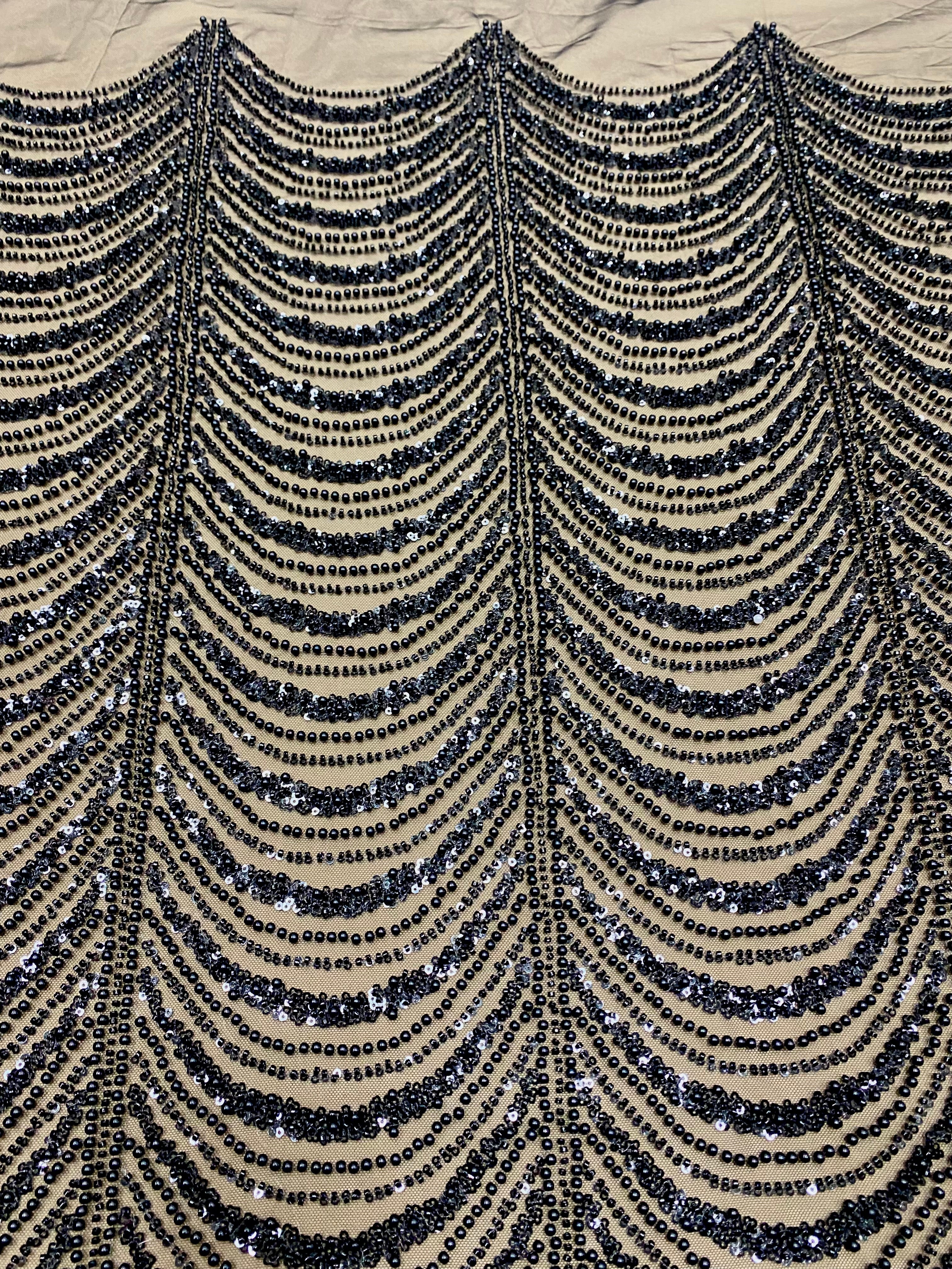 Black Couture Lace with Geometric Pattern, with Pearls, Beads and Sequins