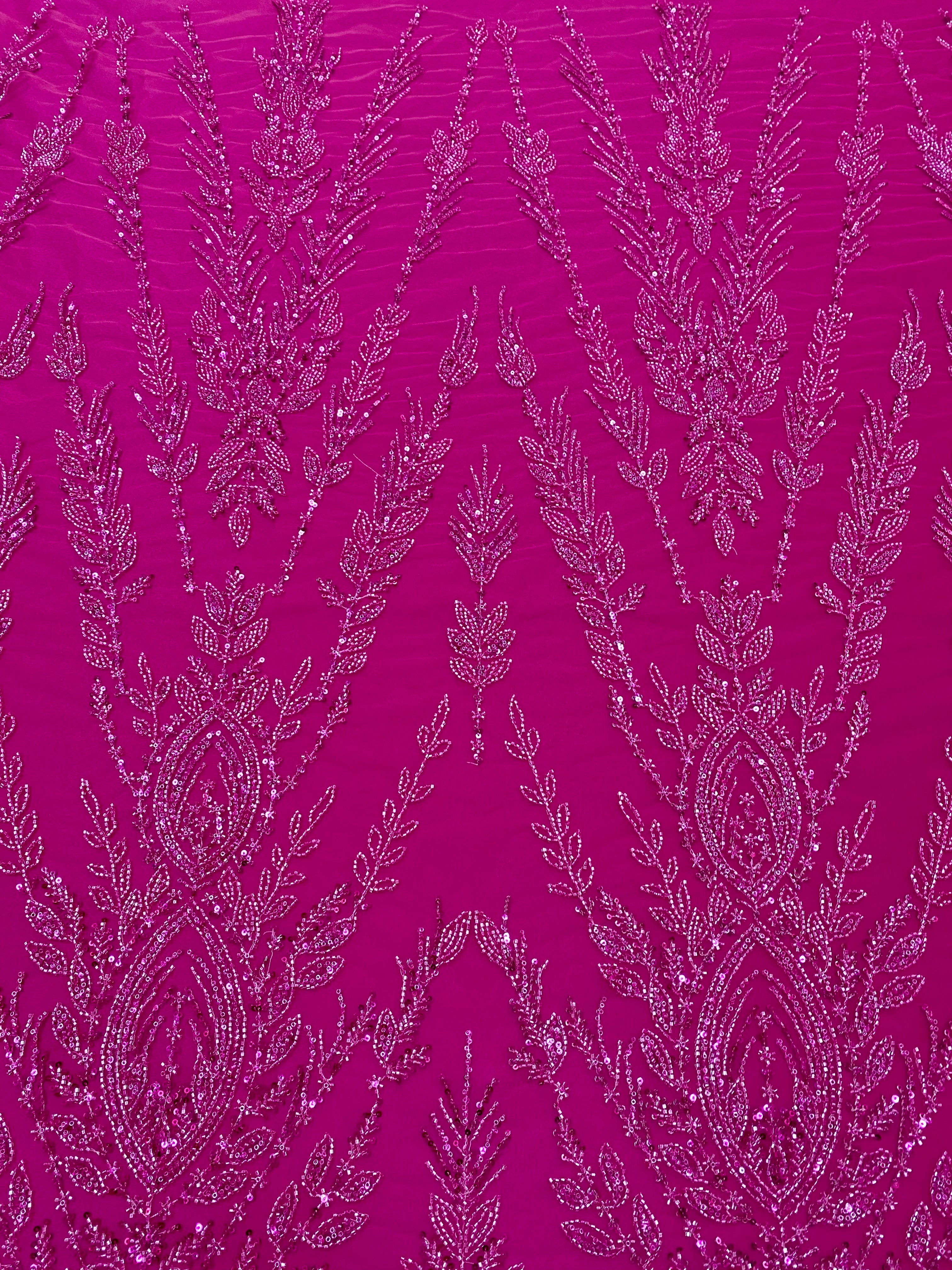 Fuchsia Couture Lace with Symmetrical Pattern, Beads and Sequins 
