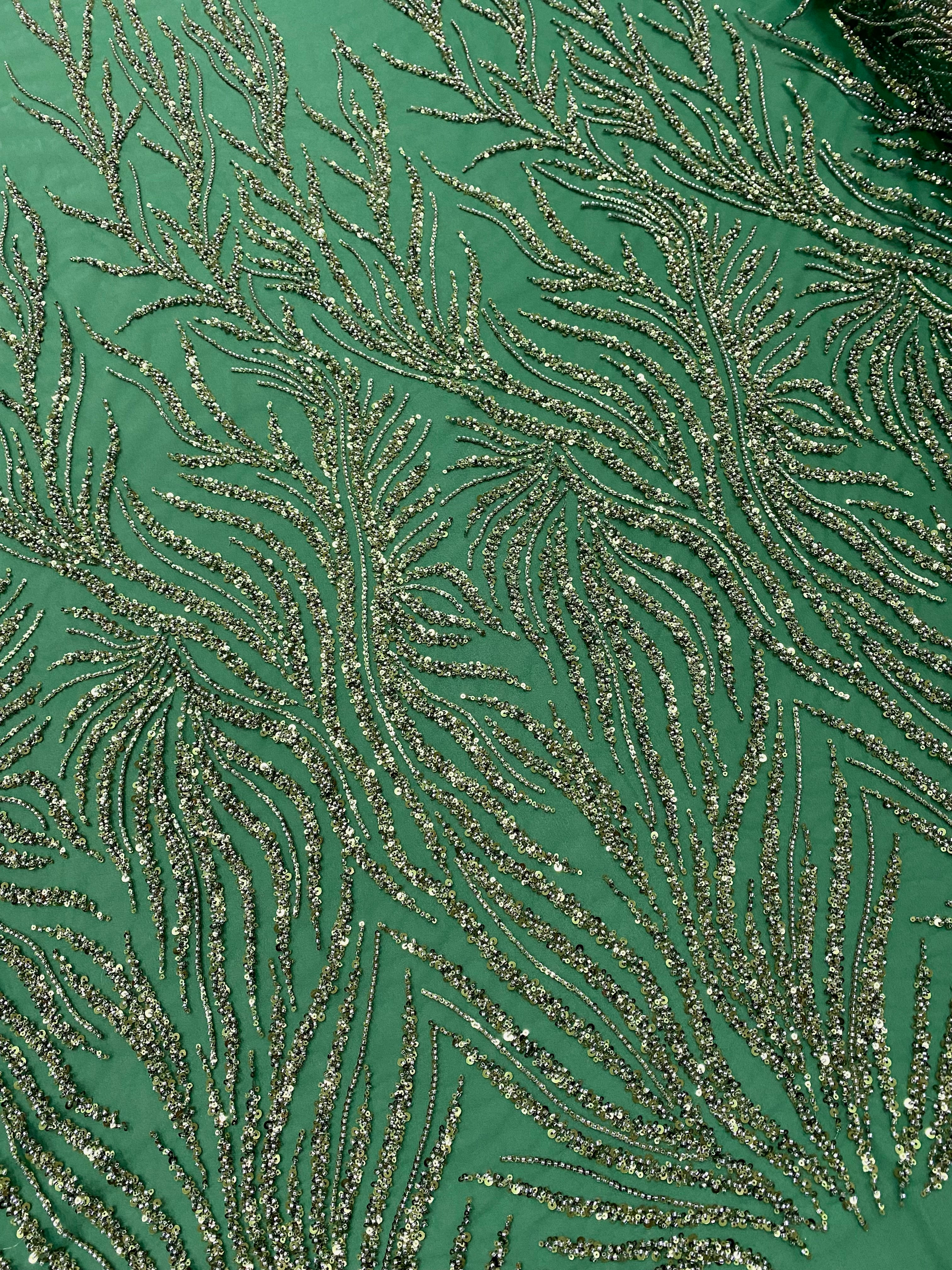 Dantela Couture Verde Smarald cu Siraguri, cu Margele si Paiete