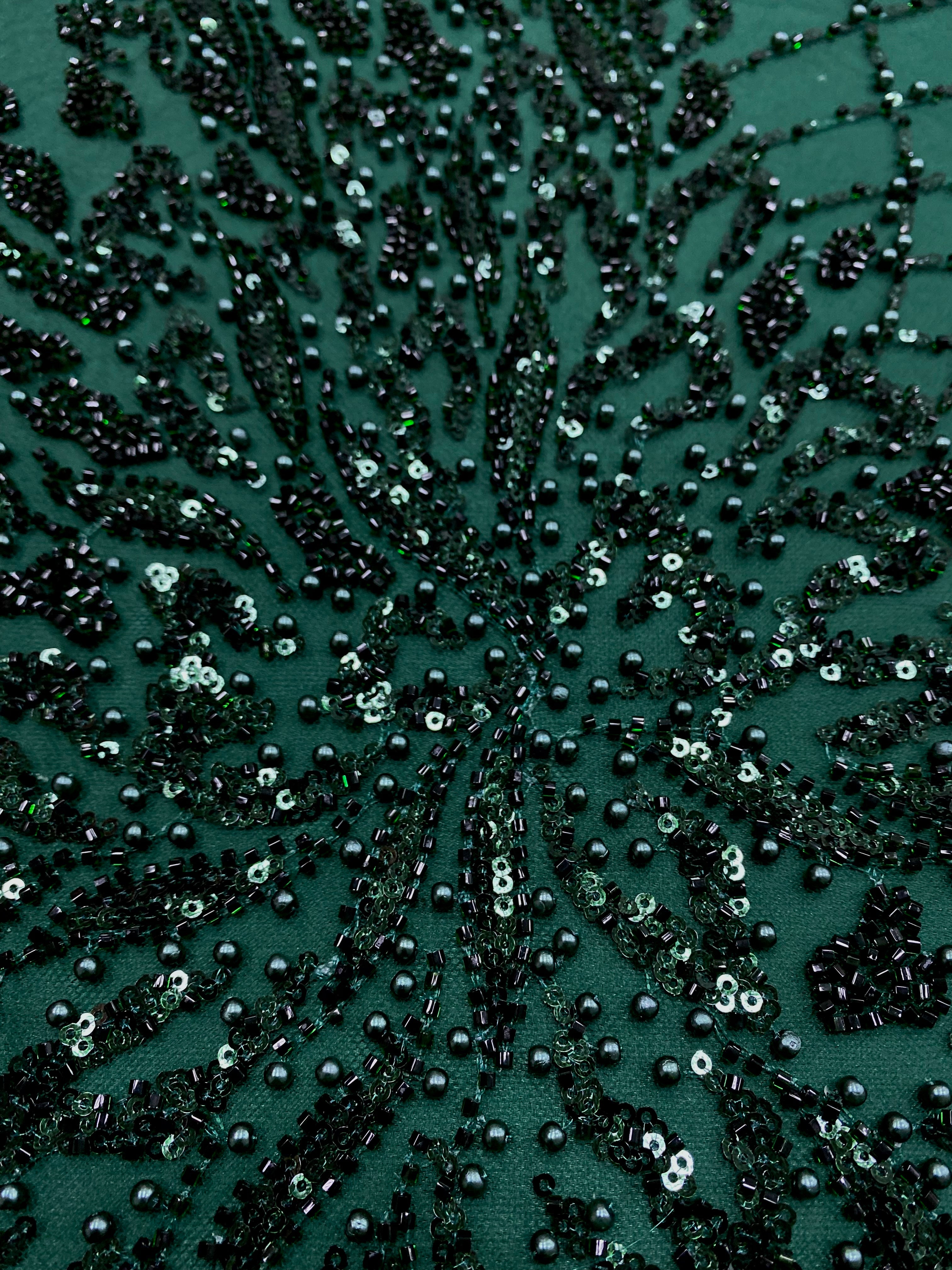 Dantela Couture Verde Inchis cu Frunze, cu Perle, Margele si Paiete
