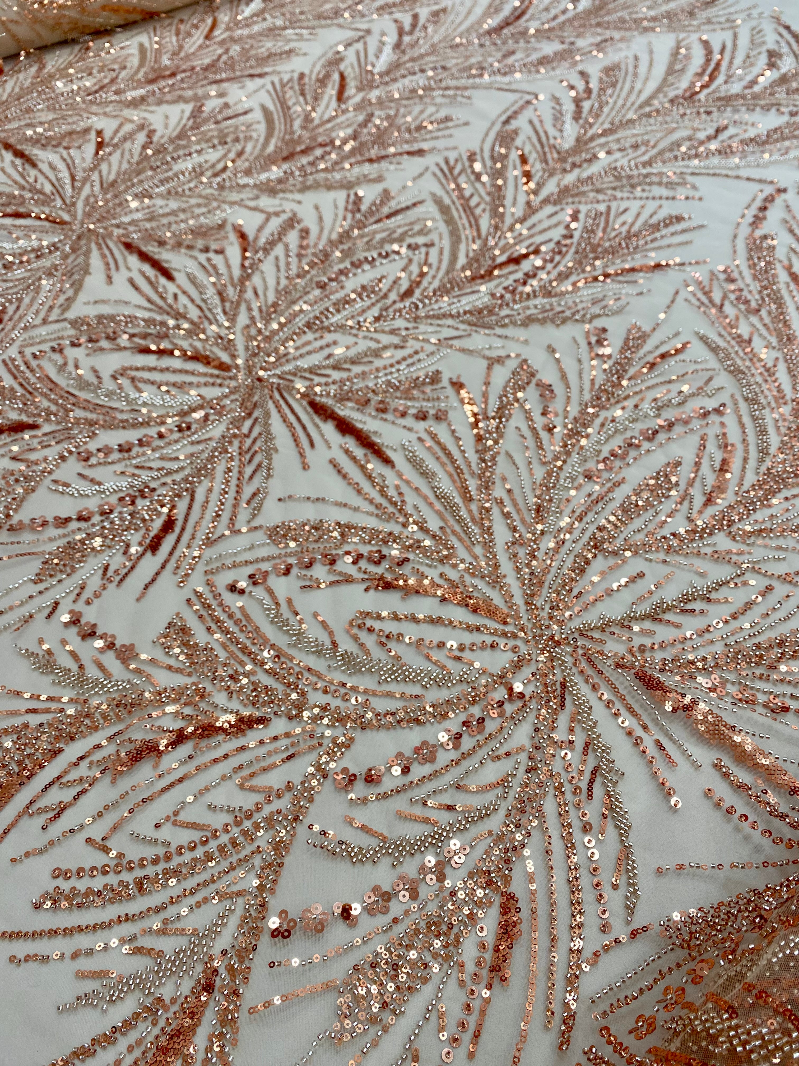 Dantela Couture Auriu Rose cu Siraguri, cu Margele si Paiete