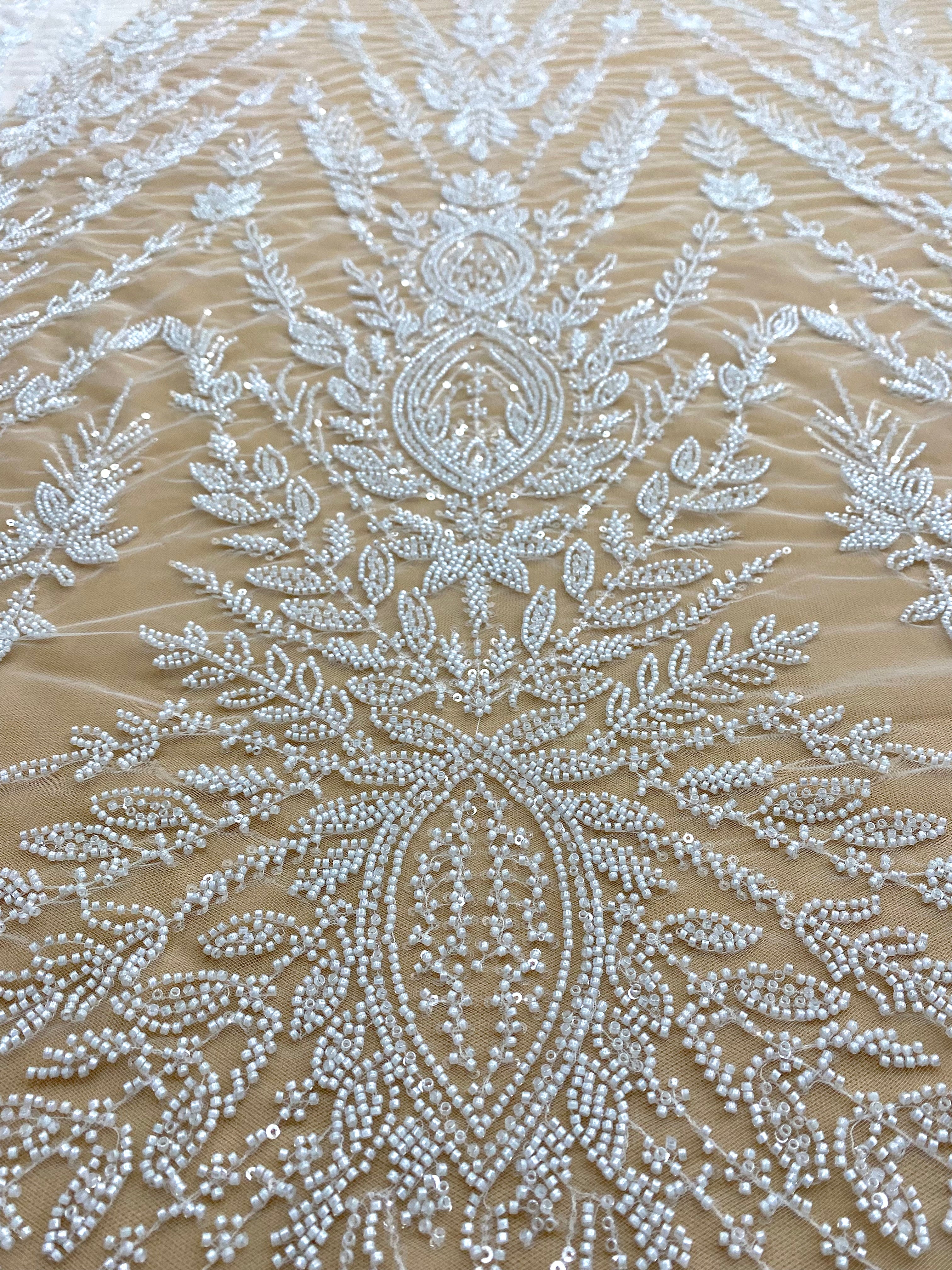 Silver Lace with Linear Pattern, with Pearls and Sequins
