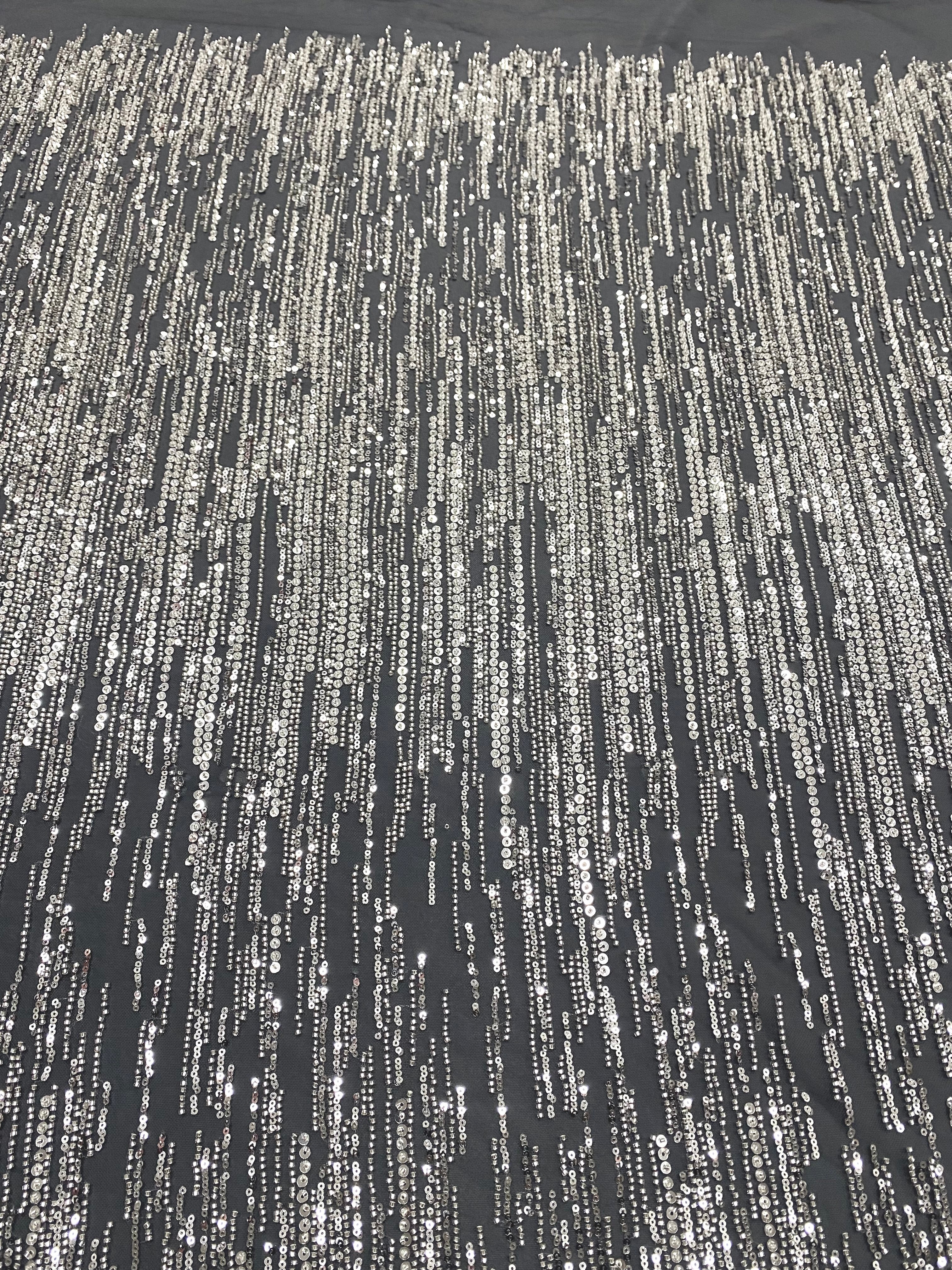 Silver Couture Lace on Anthracite Grey Tulle with Linear Pattern, Beads and Sequins