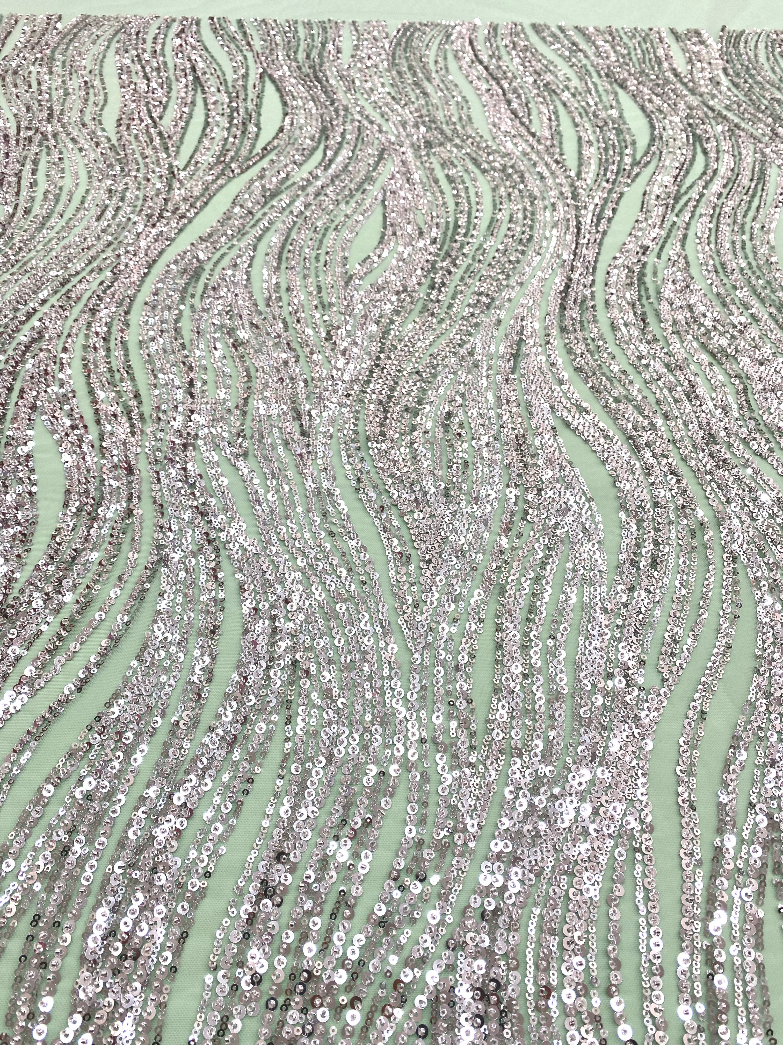 Silver Couture Lace on Mint Green Tulle with Linear Pattern, Beads and Sequins