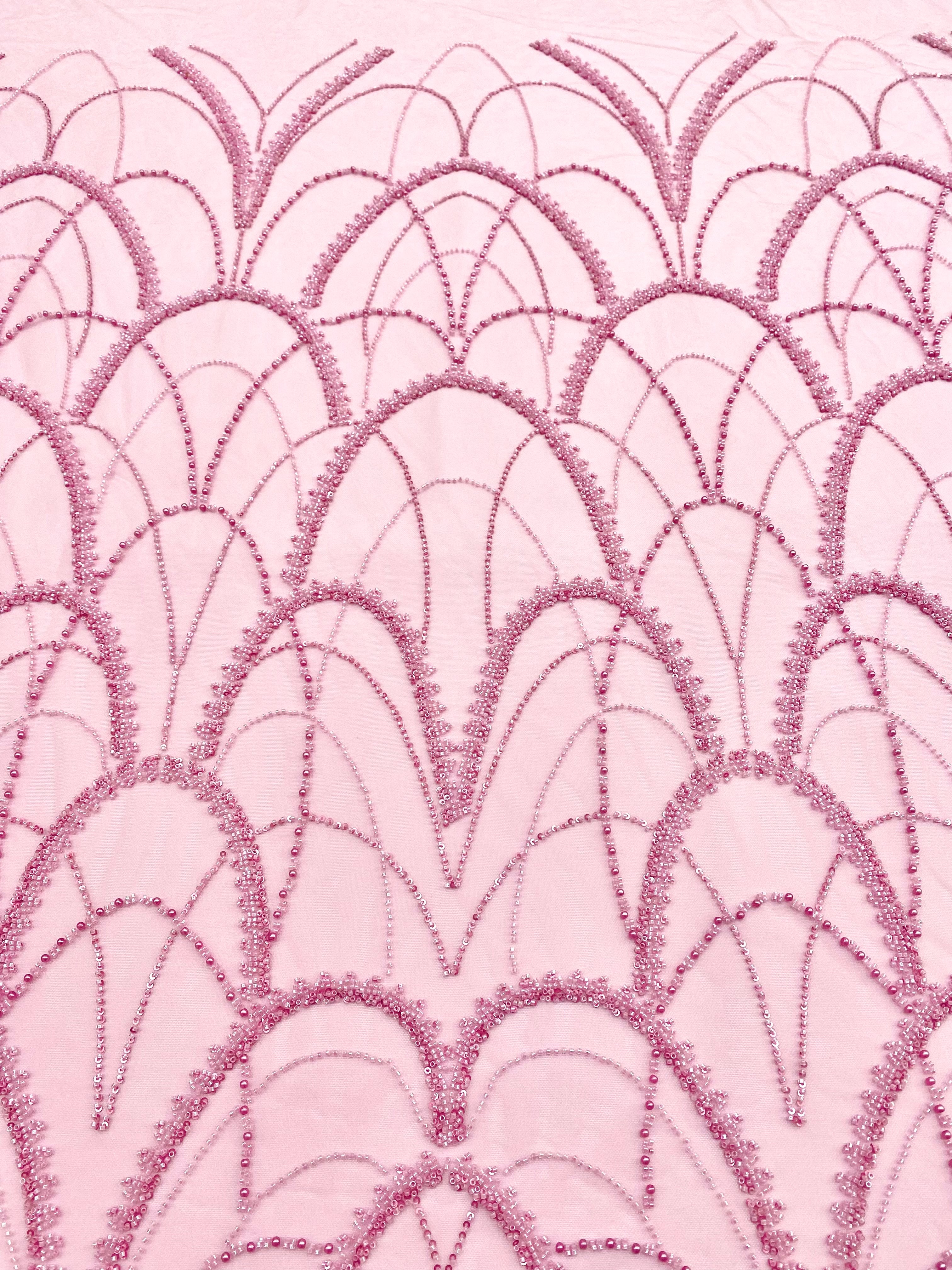 Pink Couture Lace with Geometric Pattern, with Pearls, Beads and Sequins