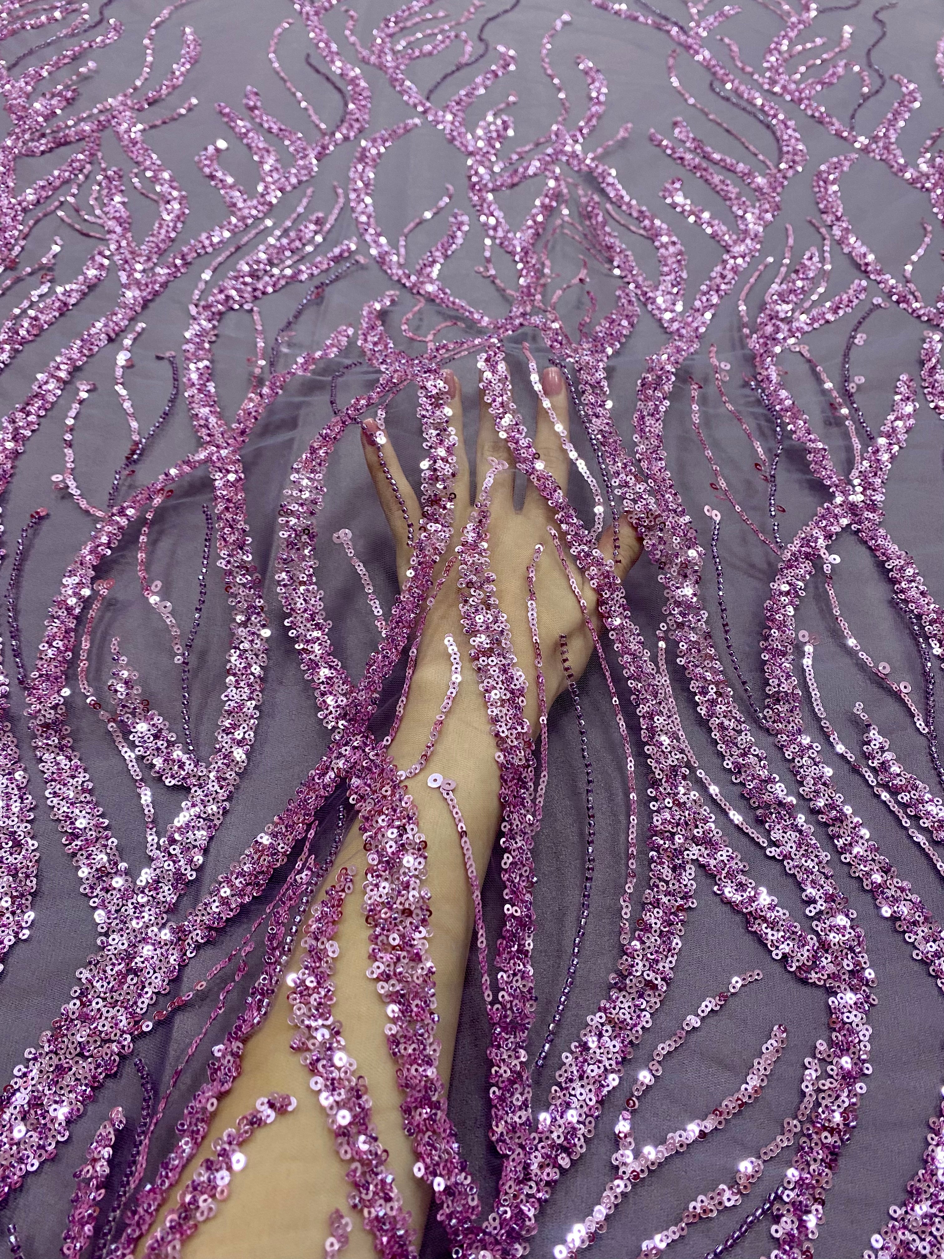 Dantela Couture Lavanda Pudrata cu Siraguri, cu Margele si Paiete