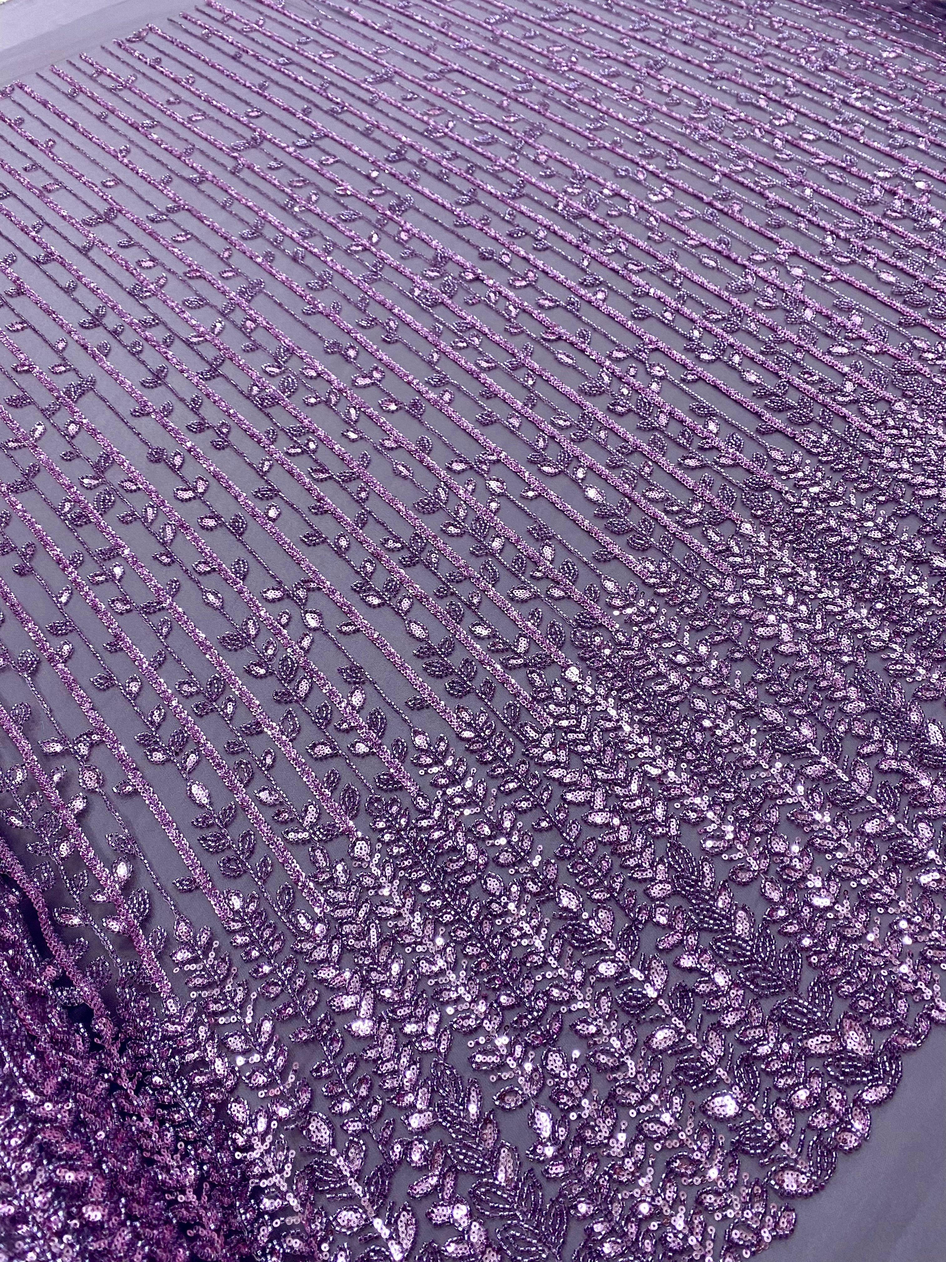 Dantela Couture Lavanda Pudrata cu Model Liniar si Frunze, cu Margele si Paiete