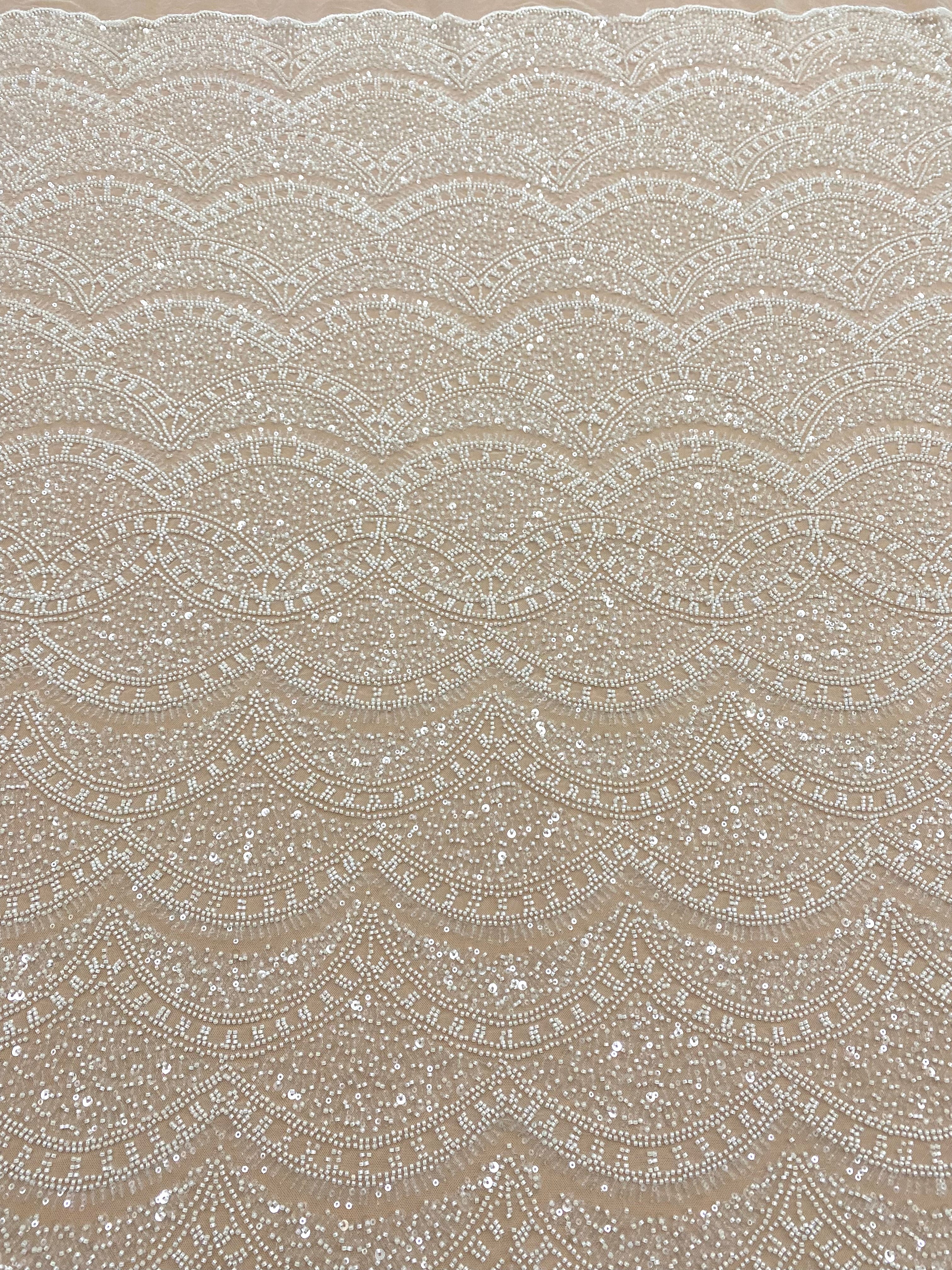 Ivory Lace with Geometric Pattern, with Beads and Sequins