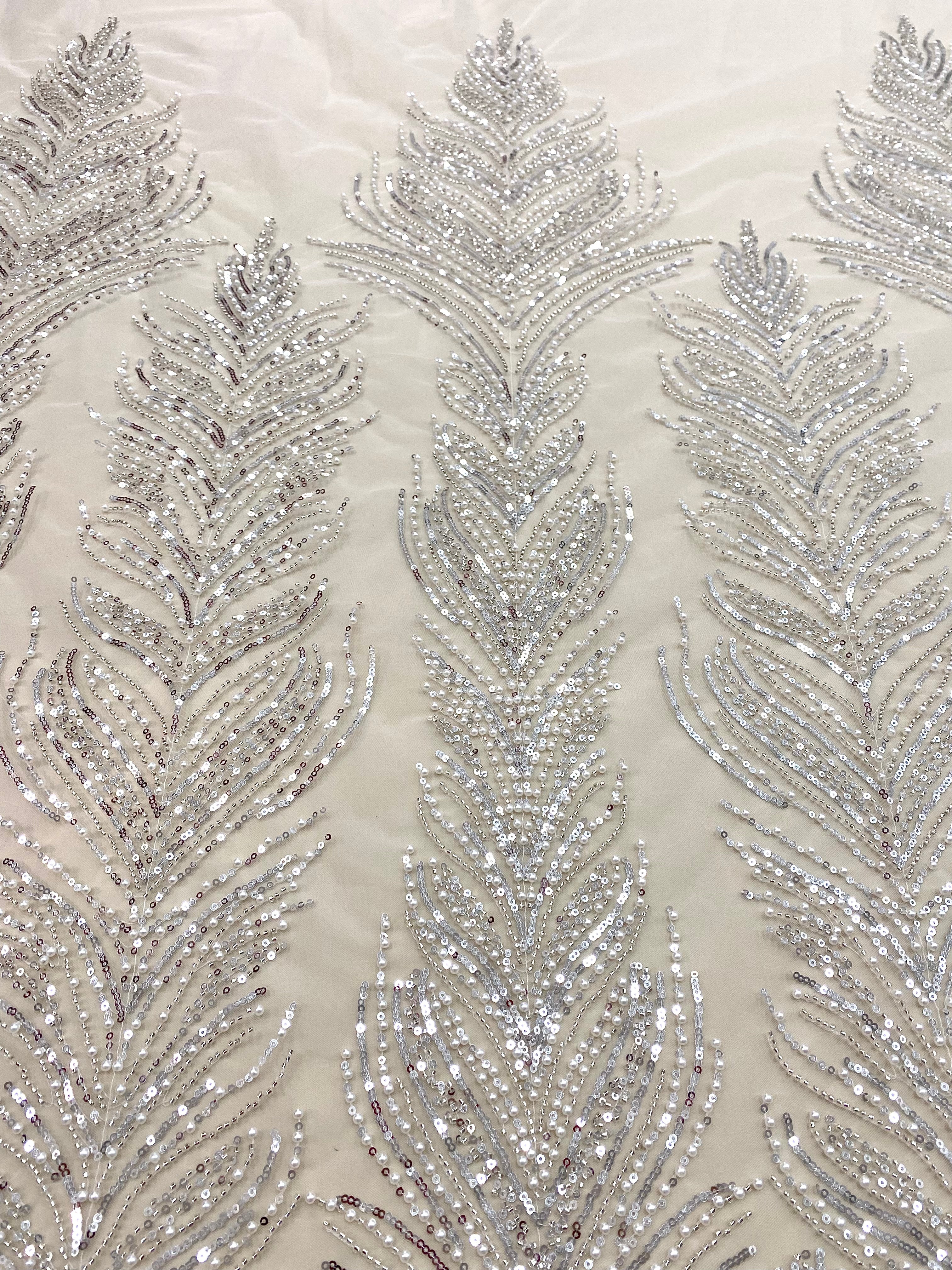 Silver Lace with Geometric Pattern, with Beads and Sequins