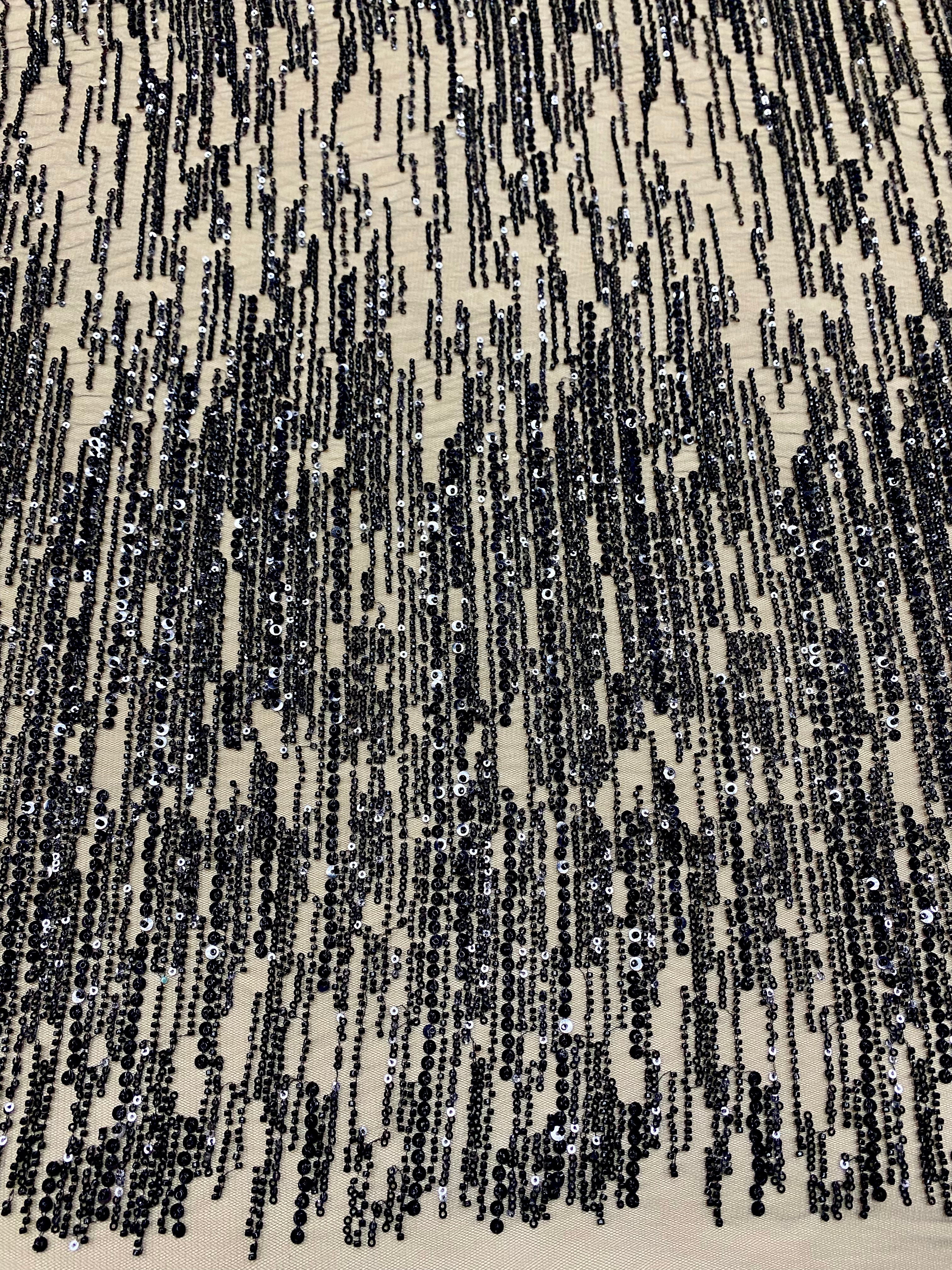 Black Lace with Linear Pattern, with Pearls and Sequins