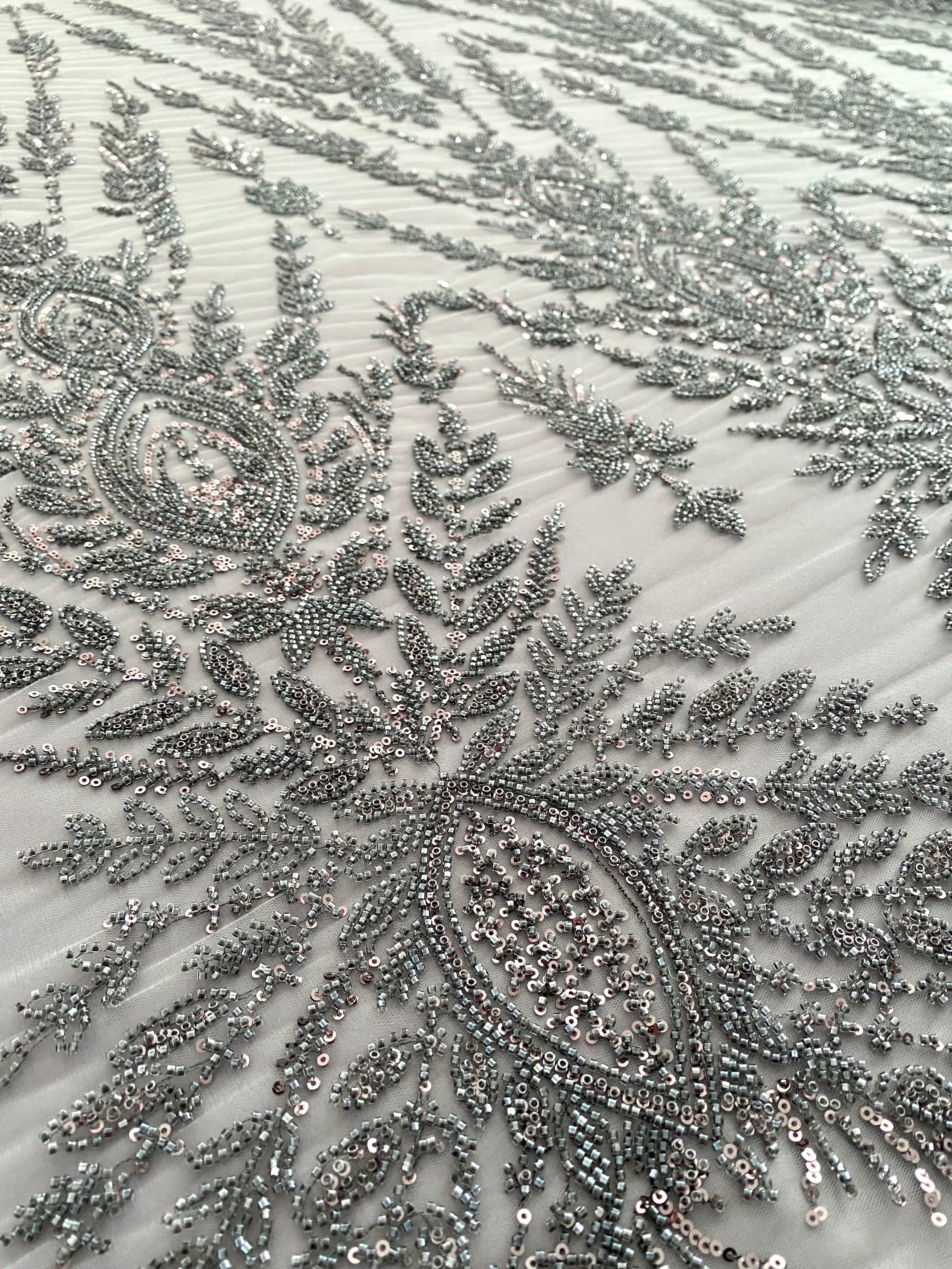 Anthracite Grey Couture Lace with Symmetrical Pattern, Beads and Sequins 