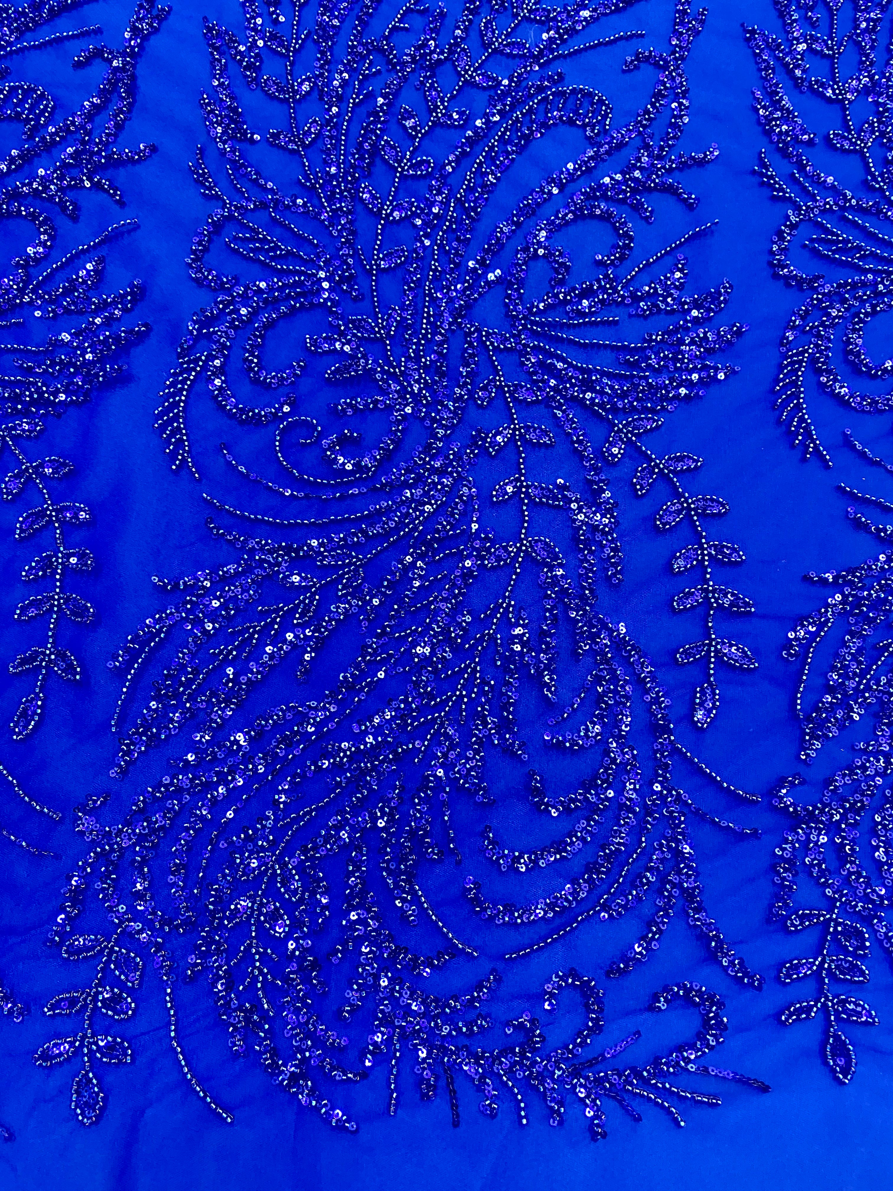 Dantela Couture Albastru Royal cu Model Floral, cu Margele si Paiete
