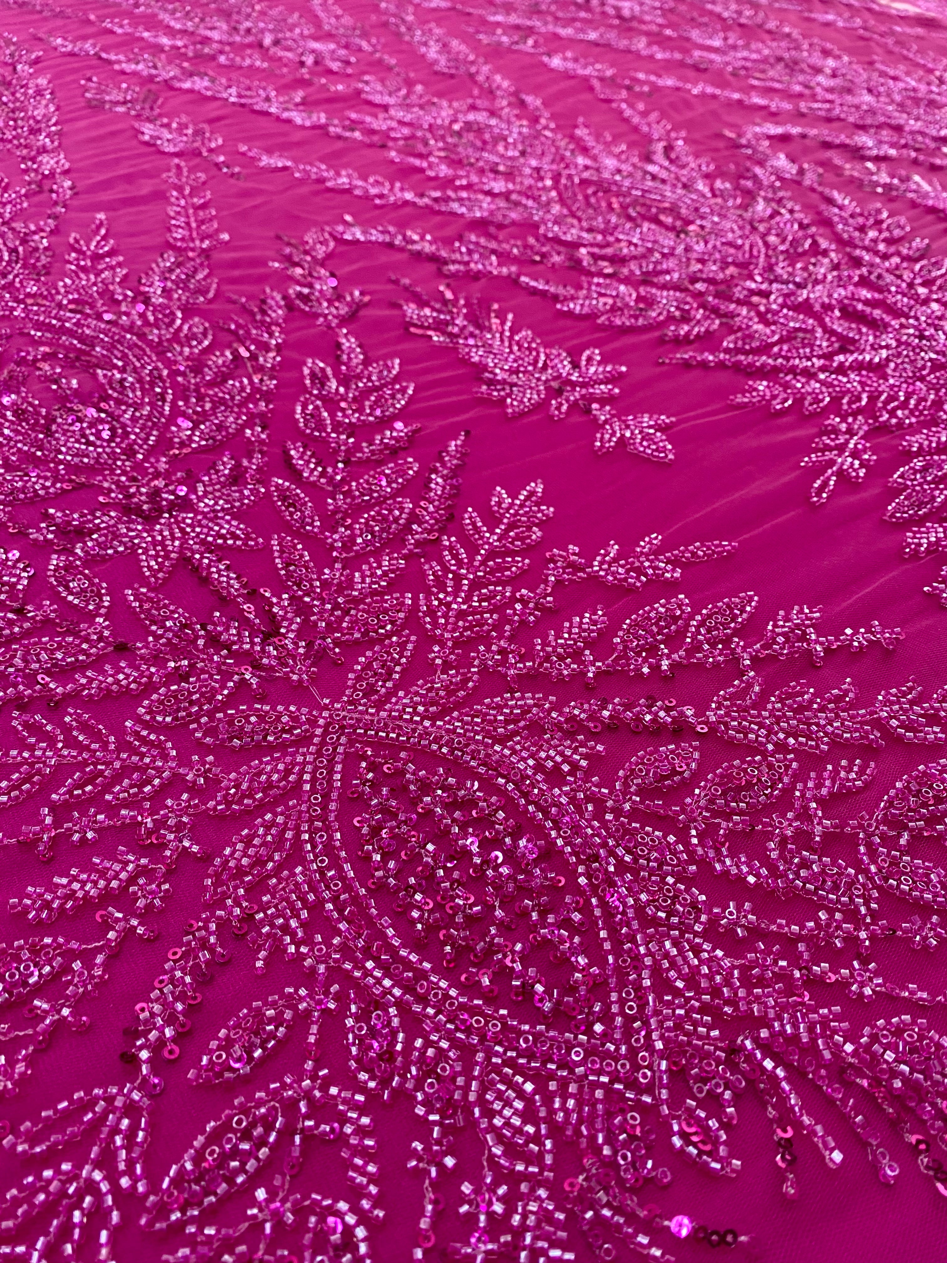 Fuchsia Couture Lace with Symmetrical Pattern, Beads and Sequins 