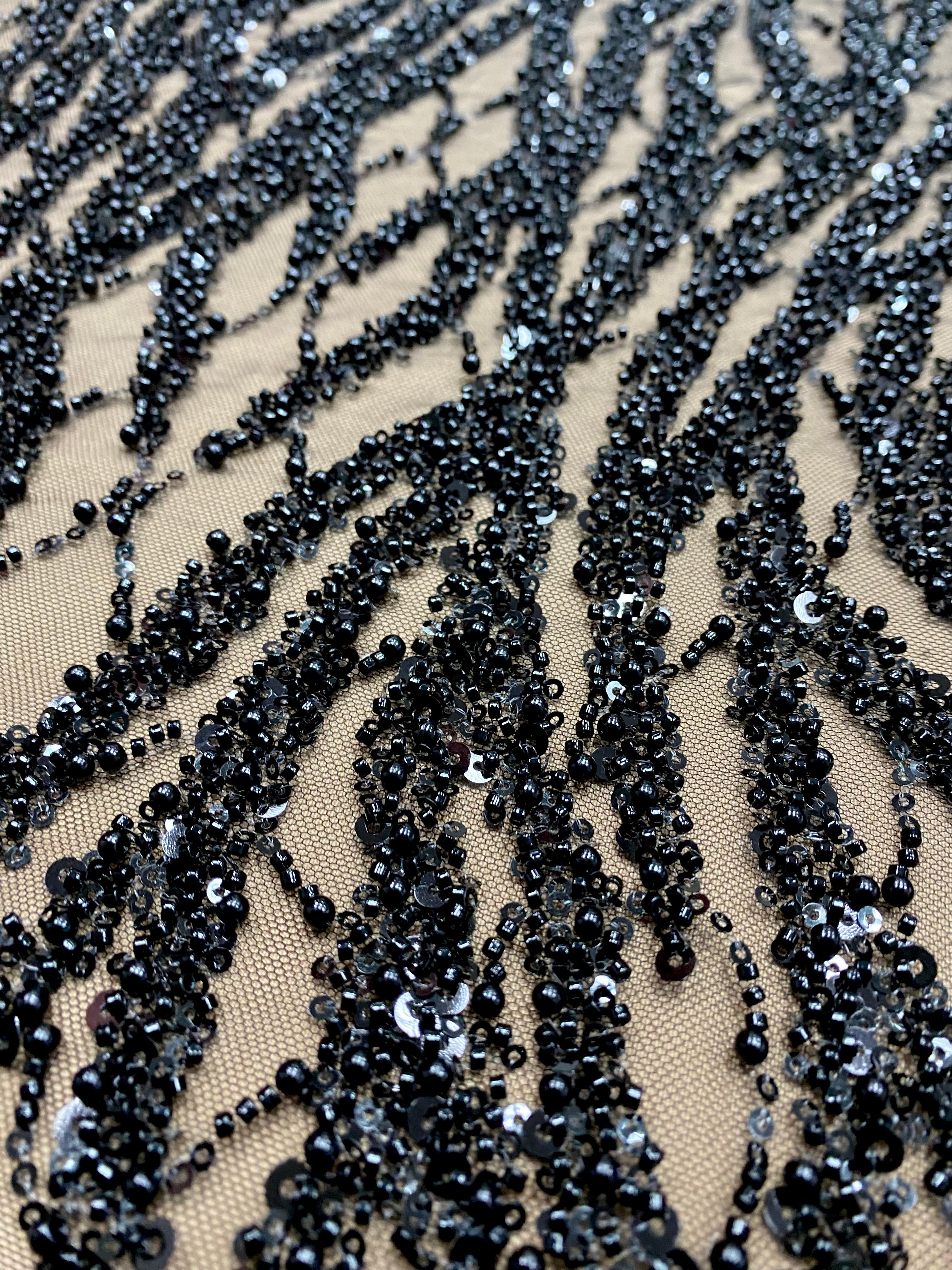 Black Couture Lace with Strings, Pearls, Beads and Sequins