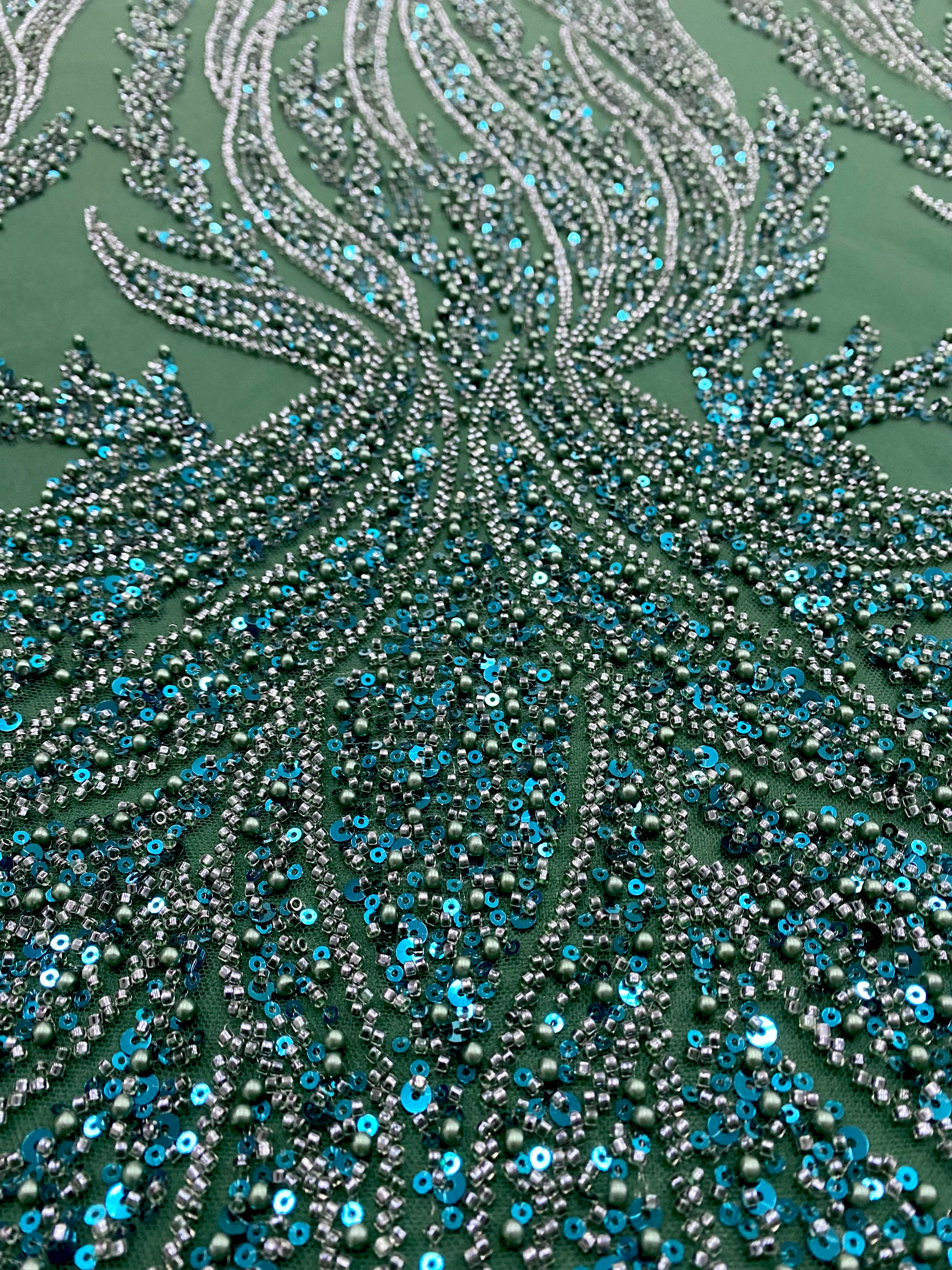 Emerald Green Couture Lace with Panel, with Pearls, Beads and Sequins