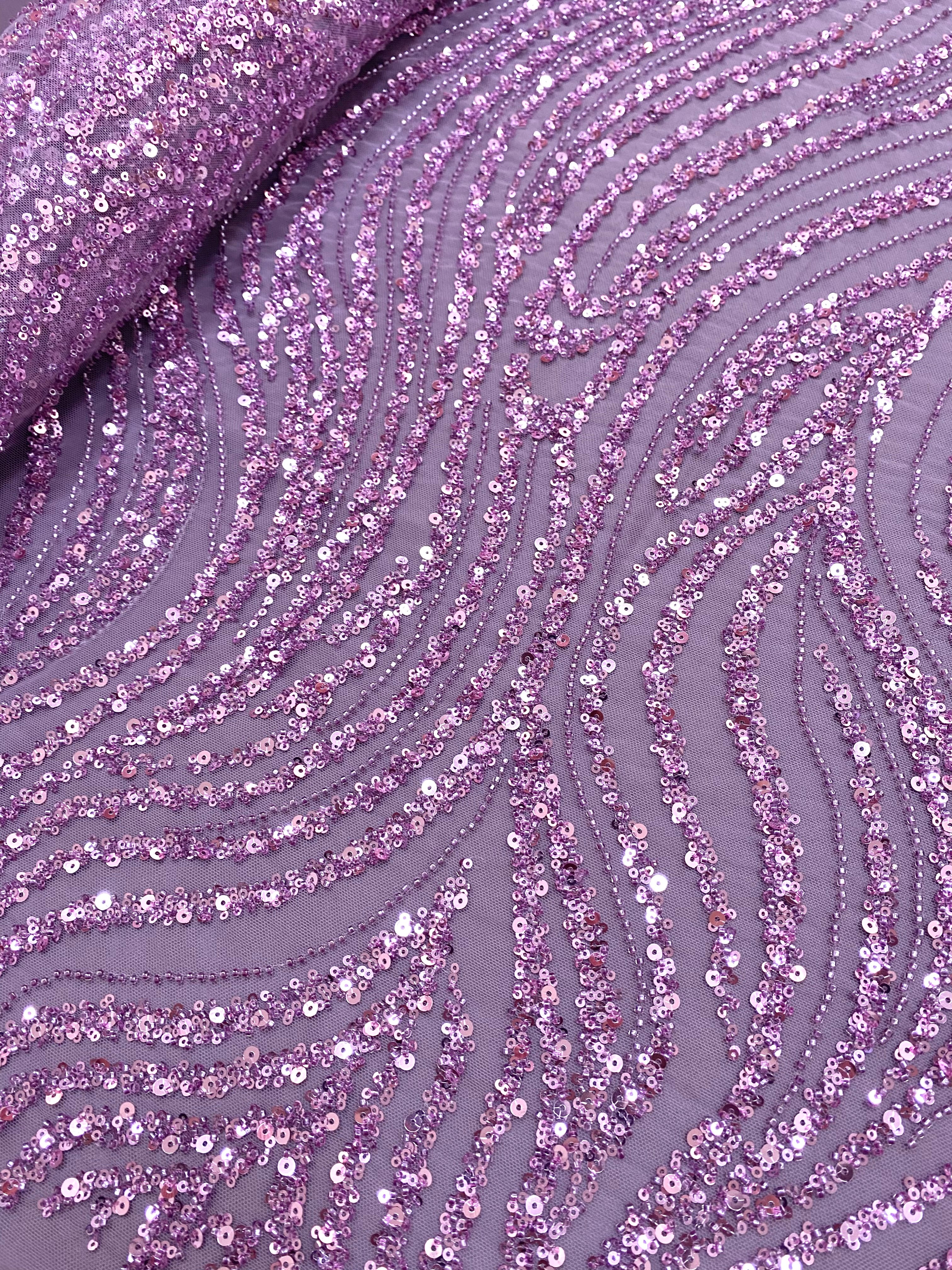 Powder Couture Lace with Linear Pattern, with Beads and Sequins