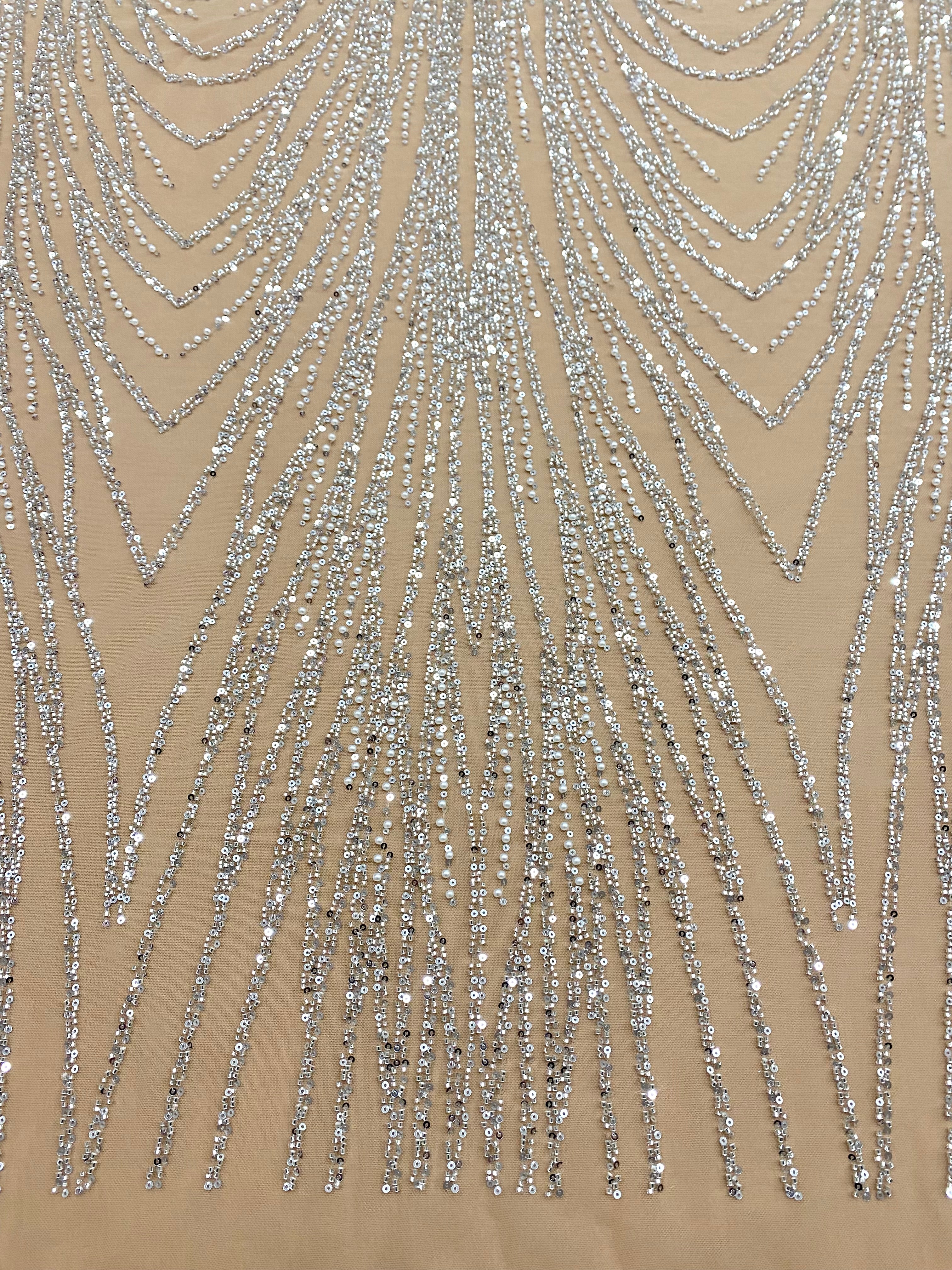 Silver Couture Lace on Nude Tulle with Linear Pattern, with Beads and Sequins