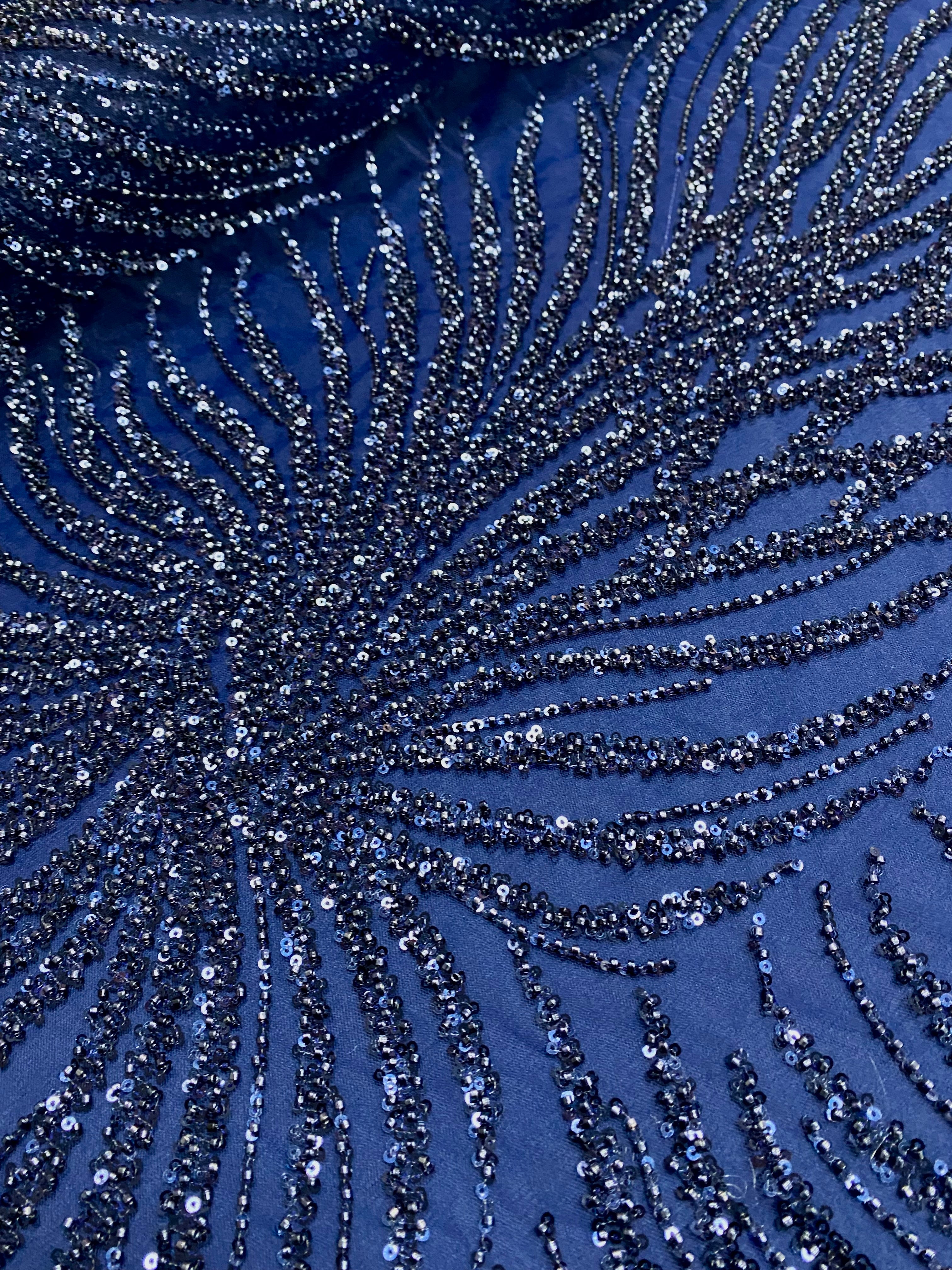 Dantela Couture Bleumarin cu Siraguri, cu Margele si Paiete