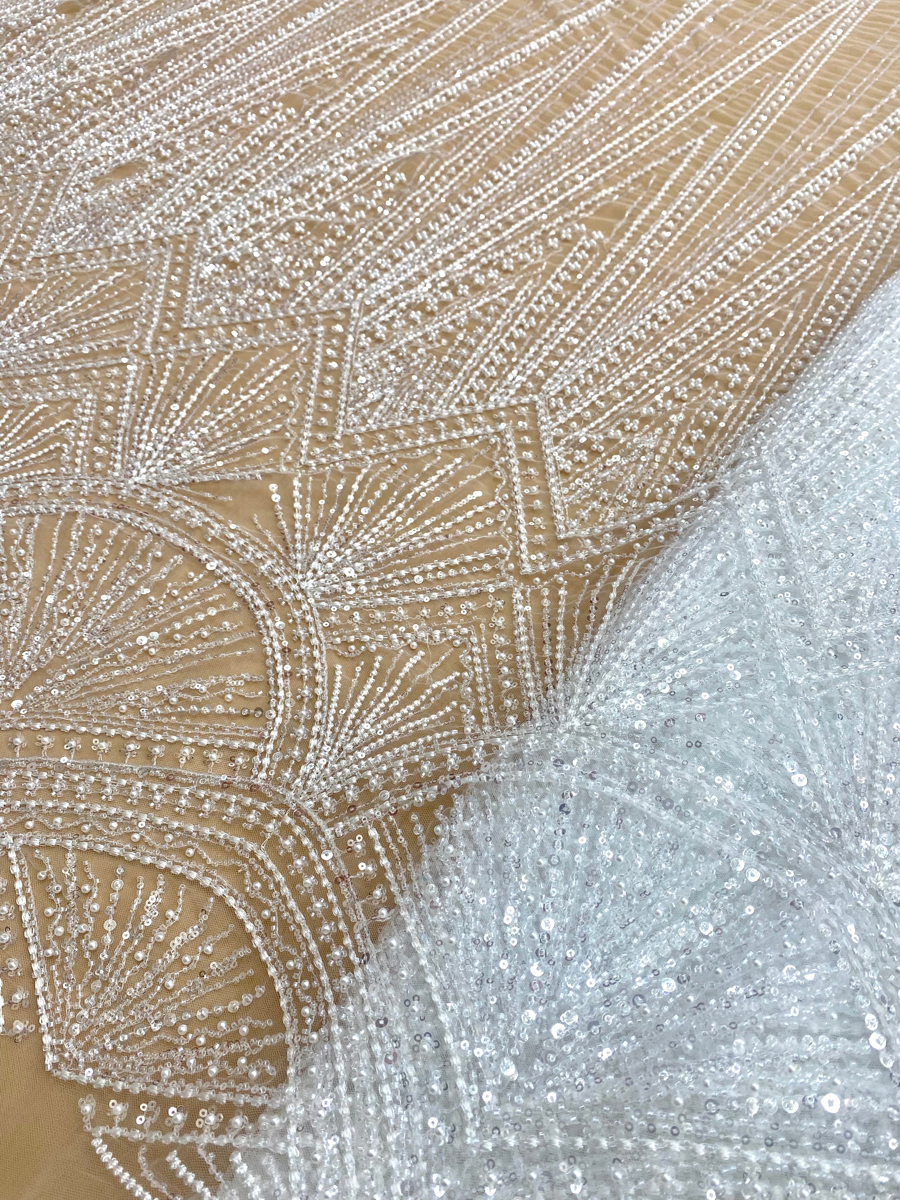 Silver Lace with Linear Pattern, with Pearls and Sequins