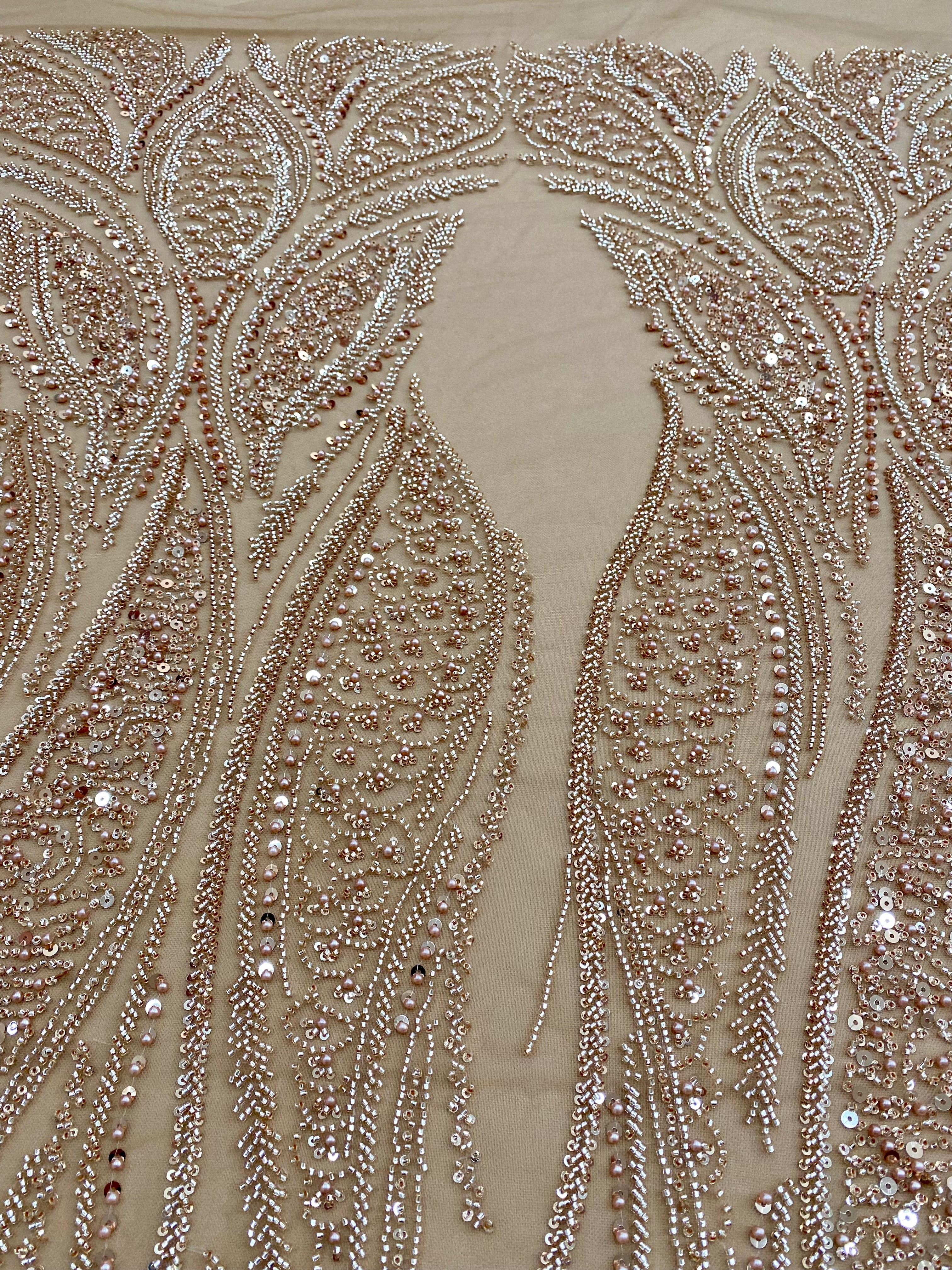 Rose Gold Couture Lace with Panel, Pearls, Beads and Sequins