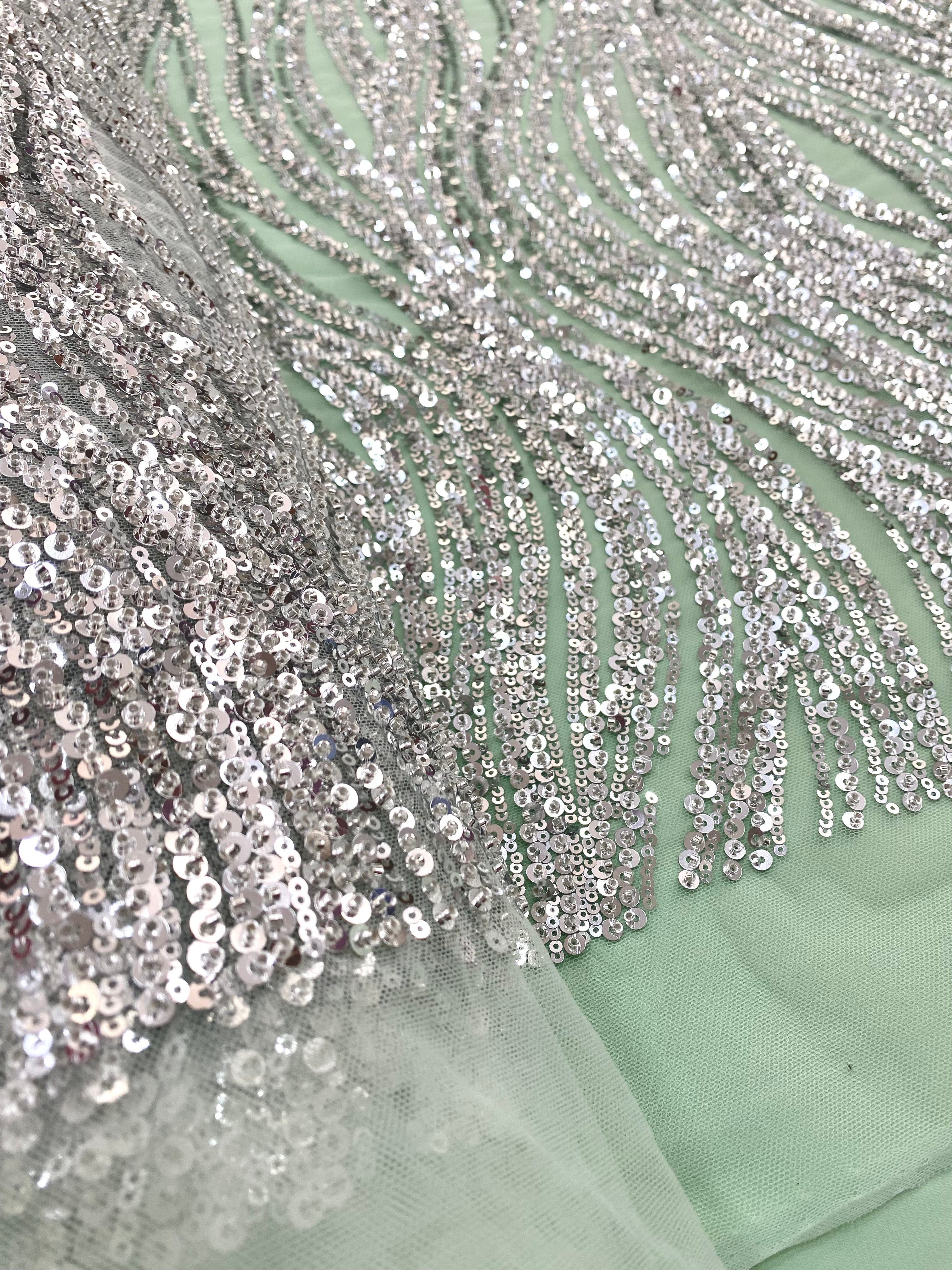Silver Couture Lace on Mint Green Tulle with Linear Pattern, Beads and Sequins