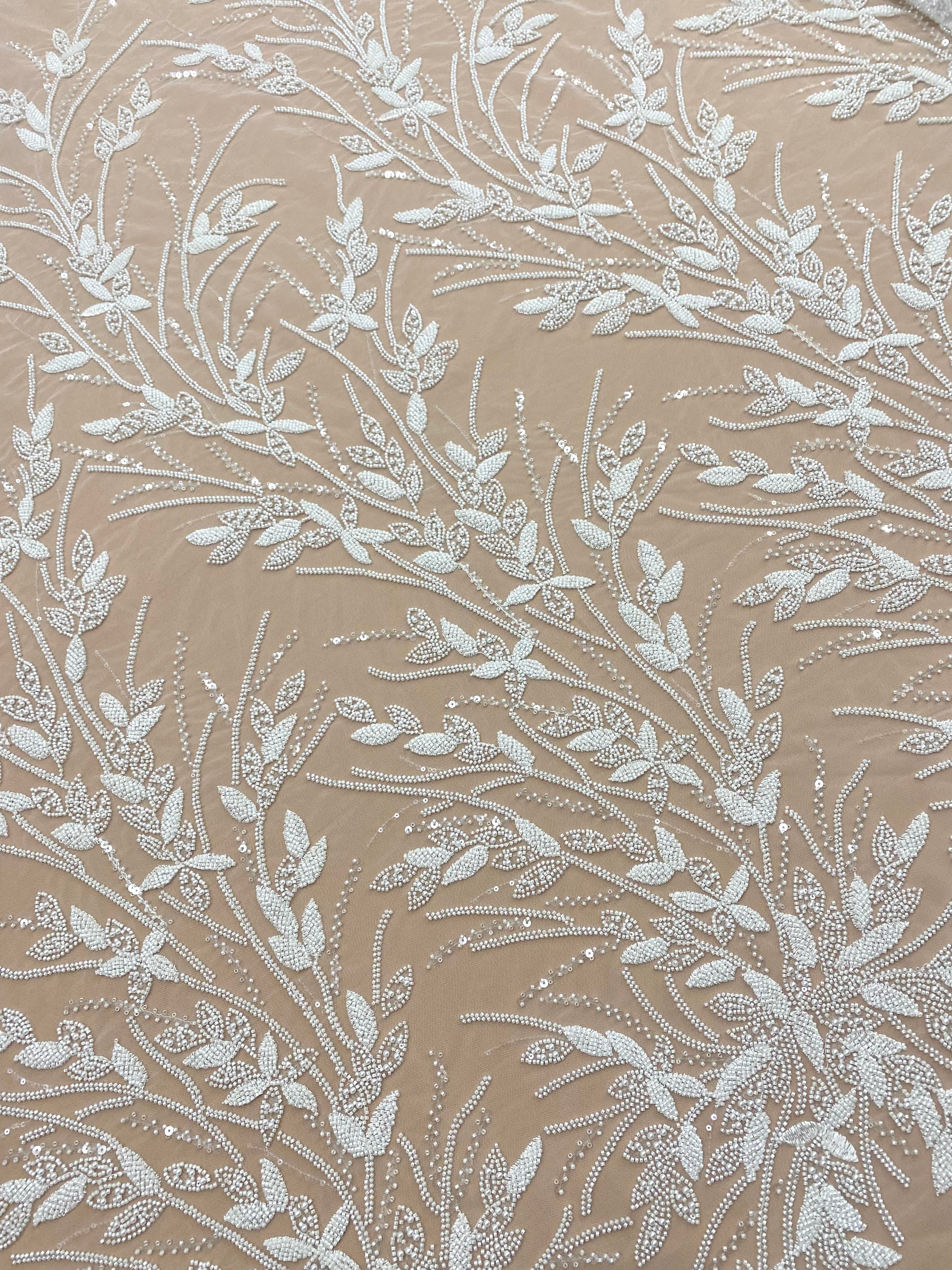 Ivory Couture Lace with Floral Pattern, Pearls, Beads and Sequins