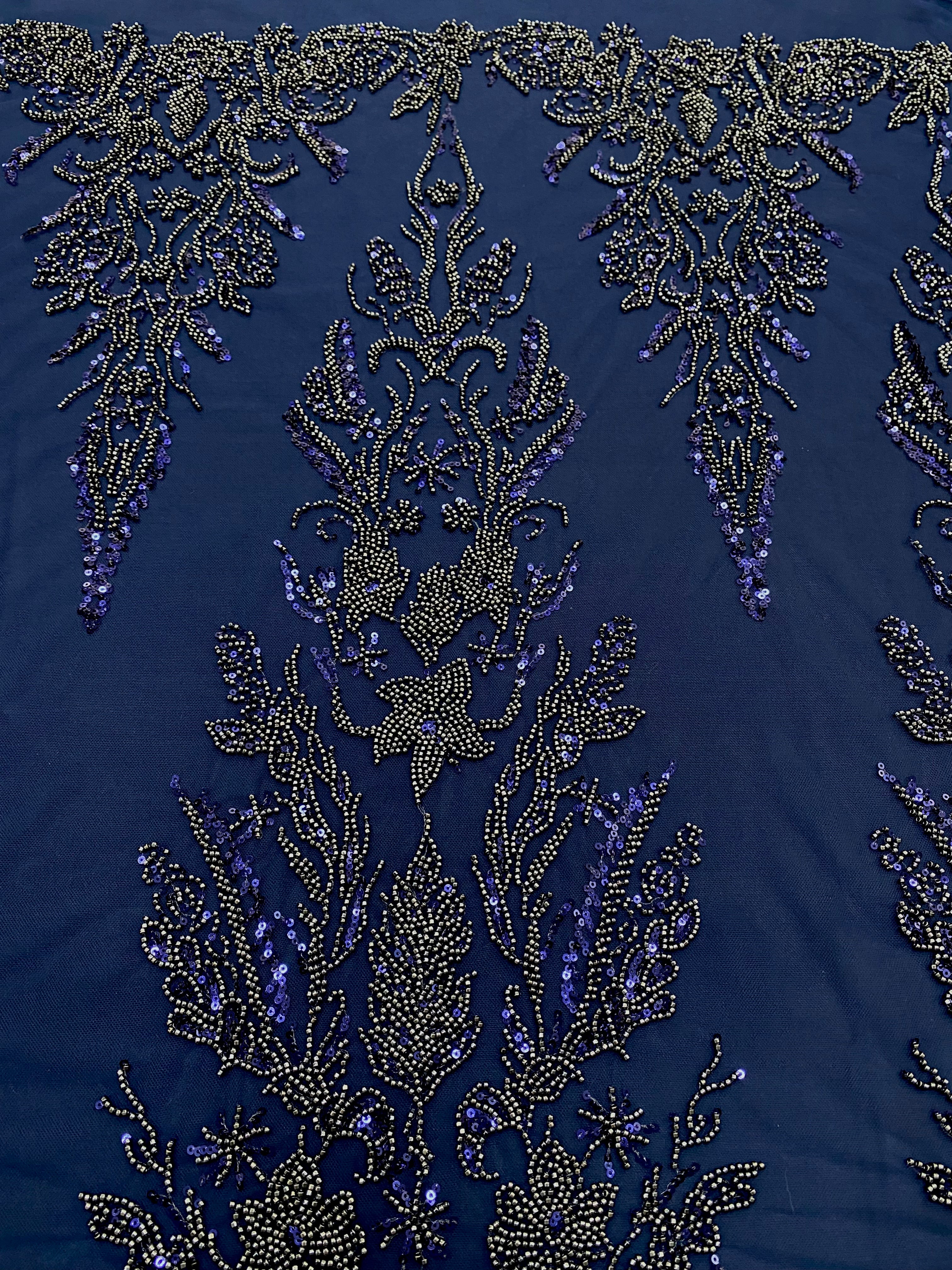 Navy Blue Couture Lace with Floral Pattern, Beads and Sequins