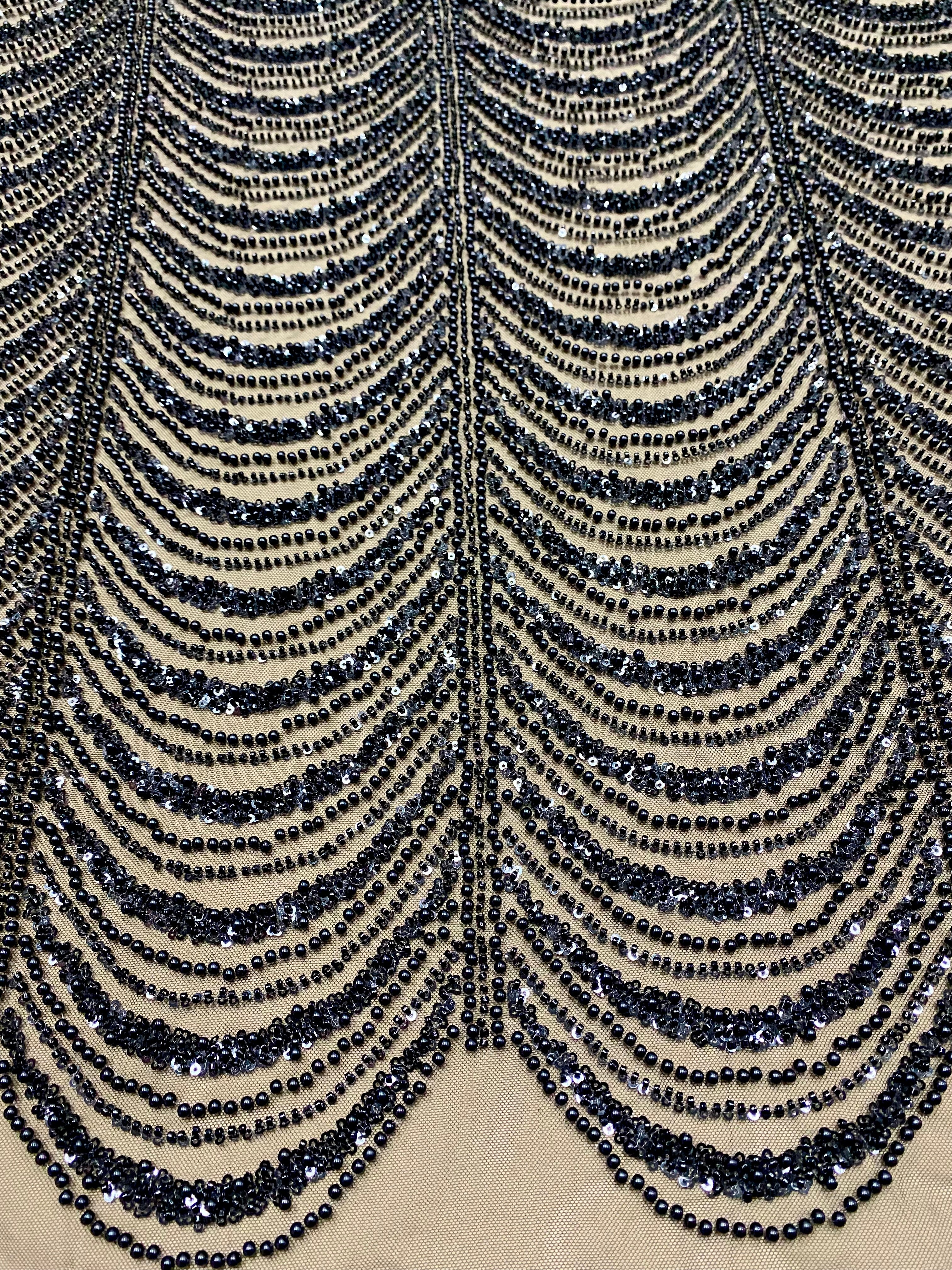 Black Couture Lace with Geometric Pattern, with Pearls, Beads and Sequins