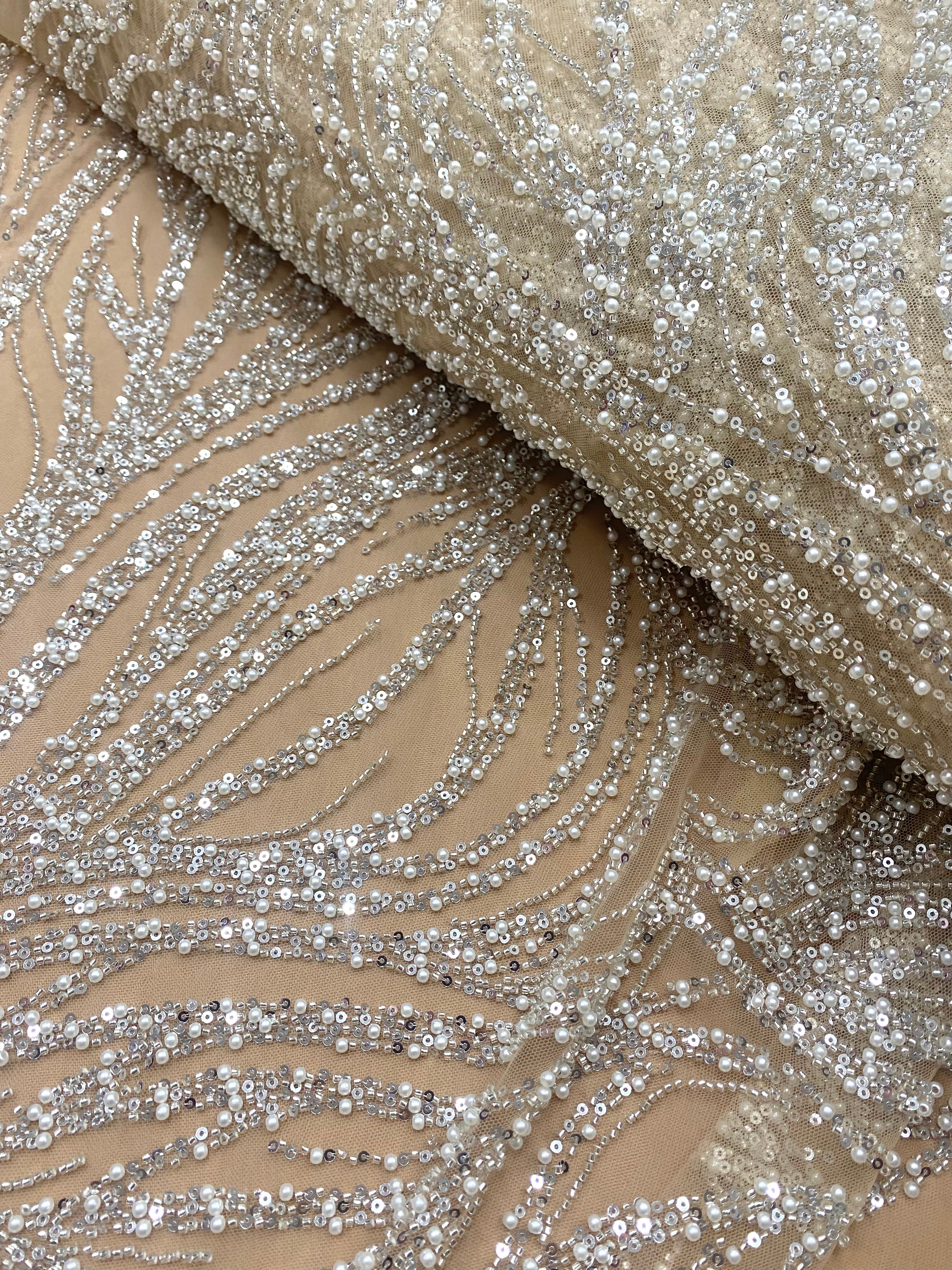 Silver Couture Lace on Nude Tulle with Geometric Pattern, with Pearls, Beads and Sequins