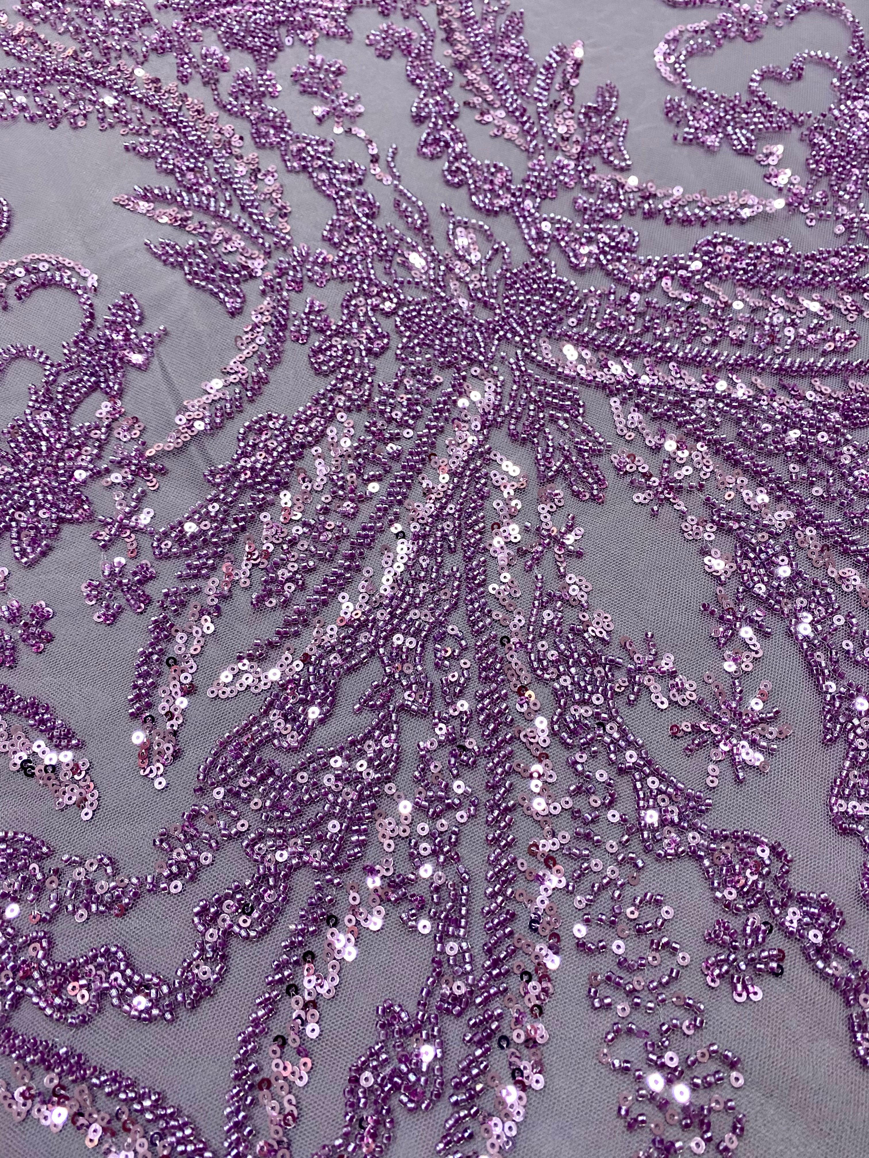 Dantela Couture Lavanda Pudrata cu Model Floral, cu Margele si Paiete