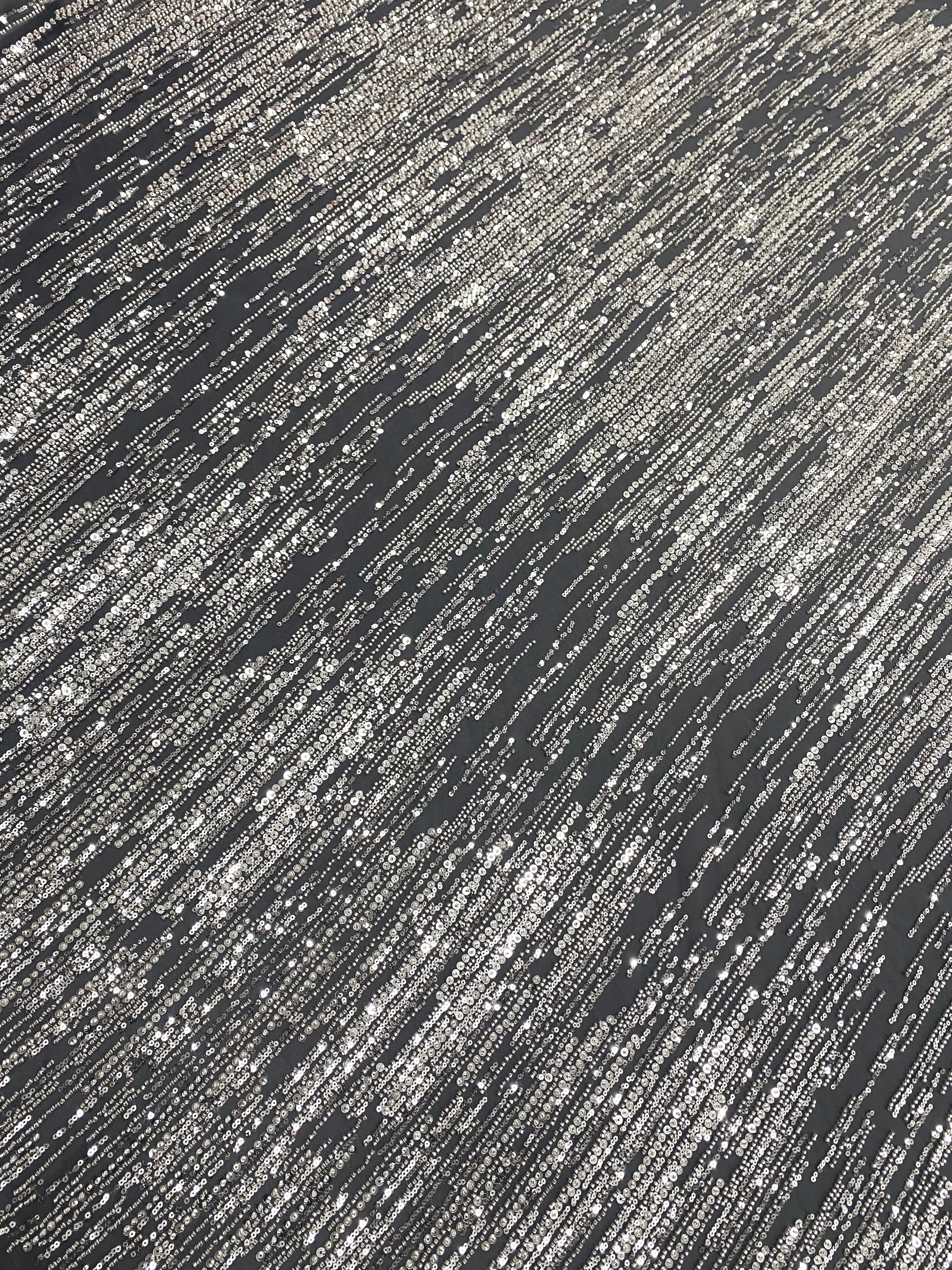 Silver Couture Lace on Anthracite Grey Tulle with Linear Pattern, Beads and Sequins