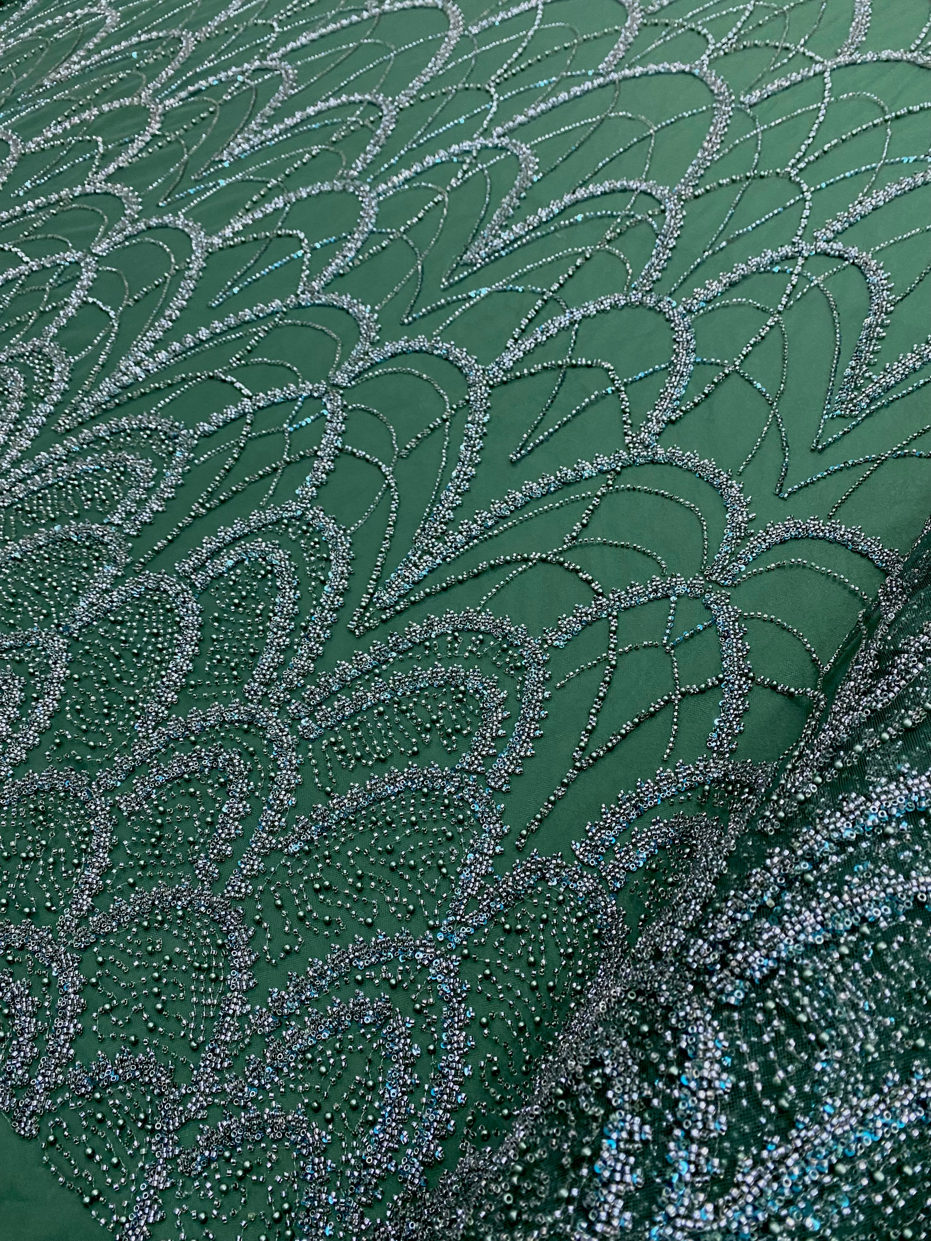 Emerald Green Couture Lace with Geometric Pattern, with Pearls, Beads and Sequins