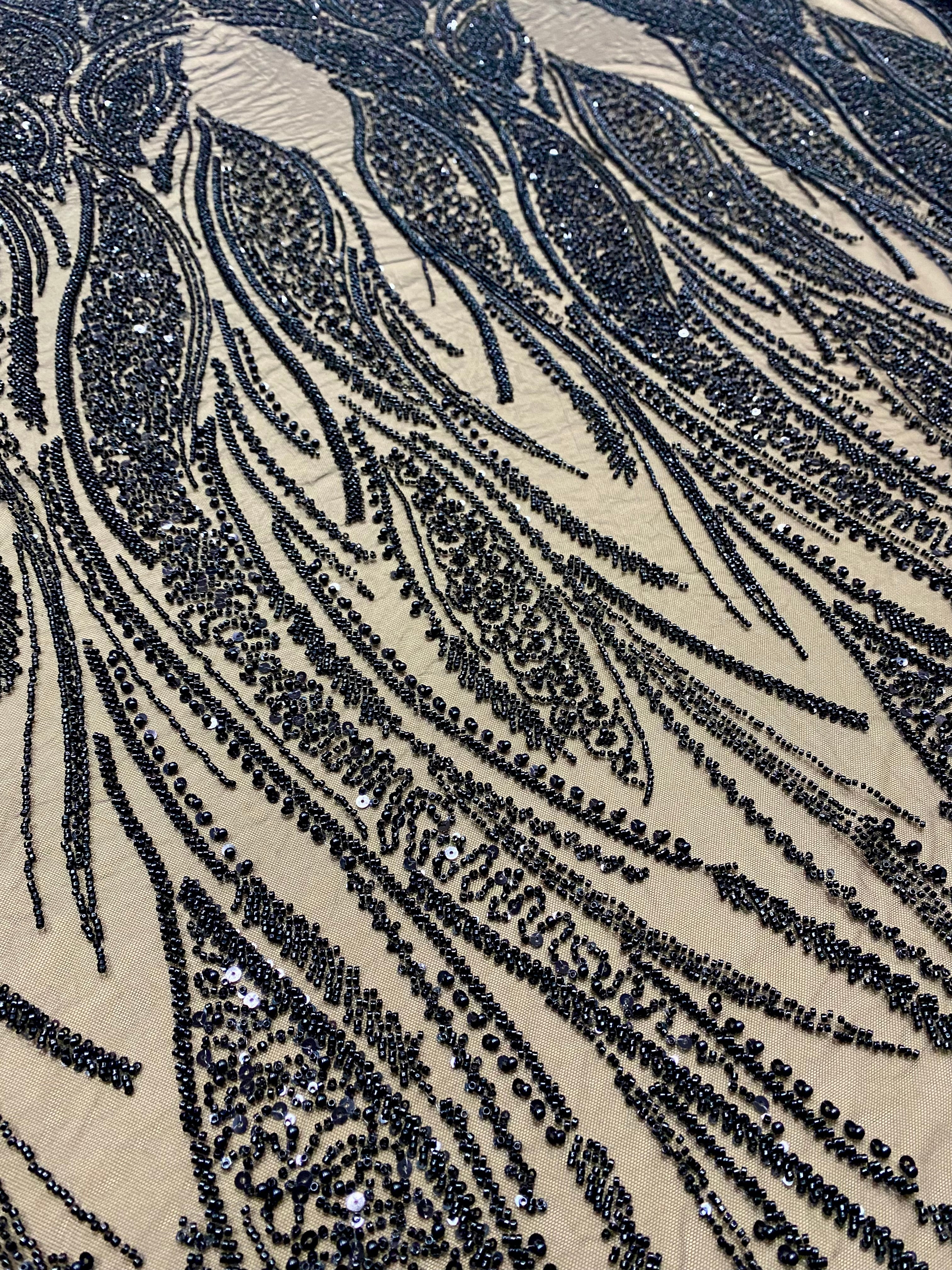 Black Couture Lace with Panel, with Pearls, Beads and Sequins