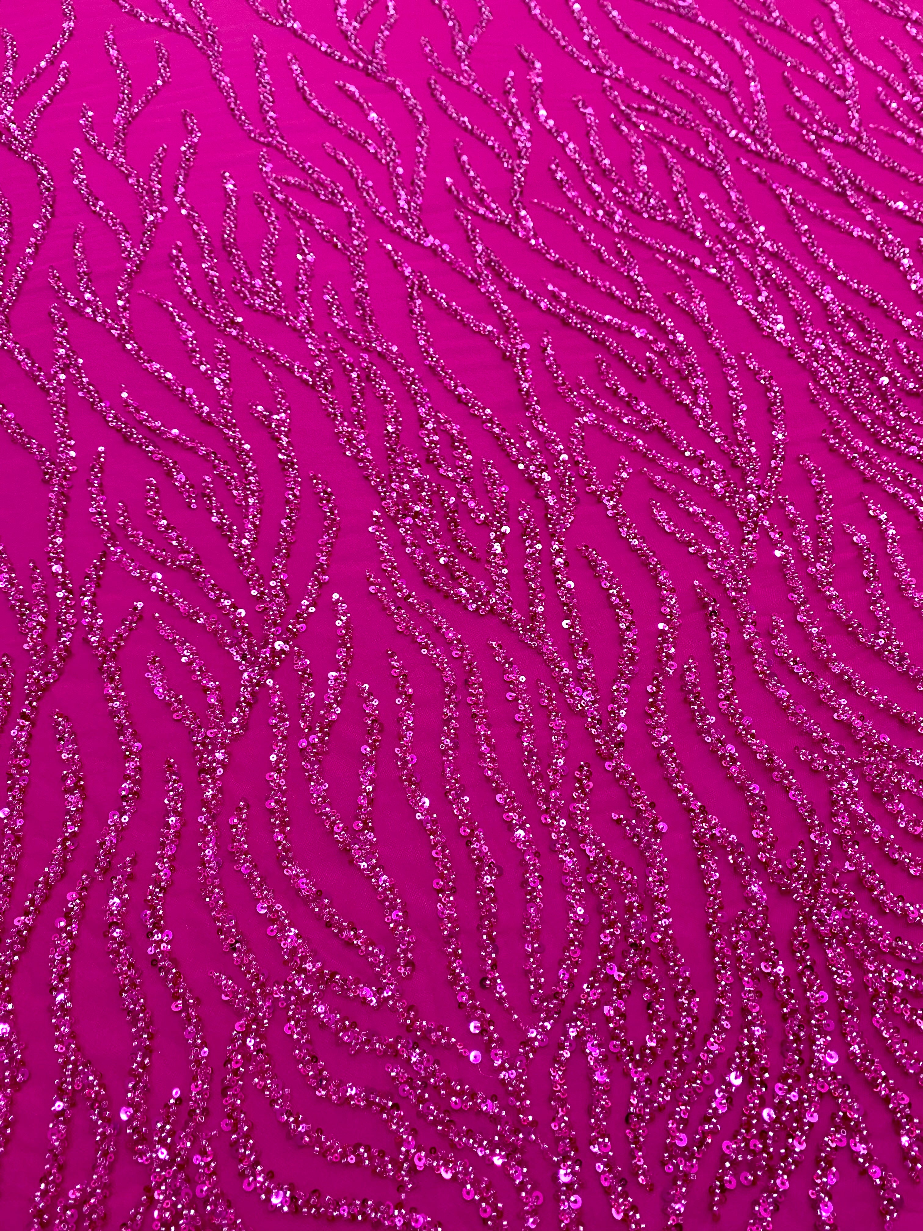 Dantela Couture Fucsia cu Siraguri, cu Margele si Paiete