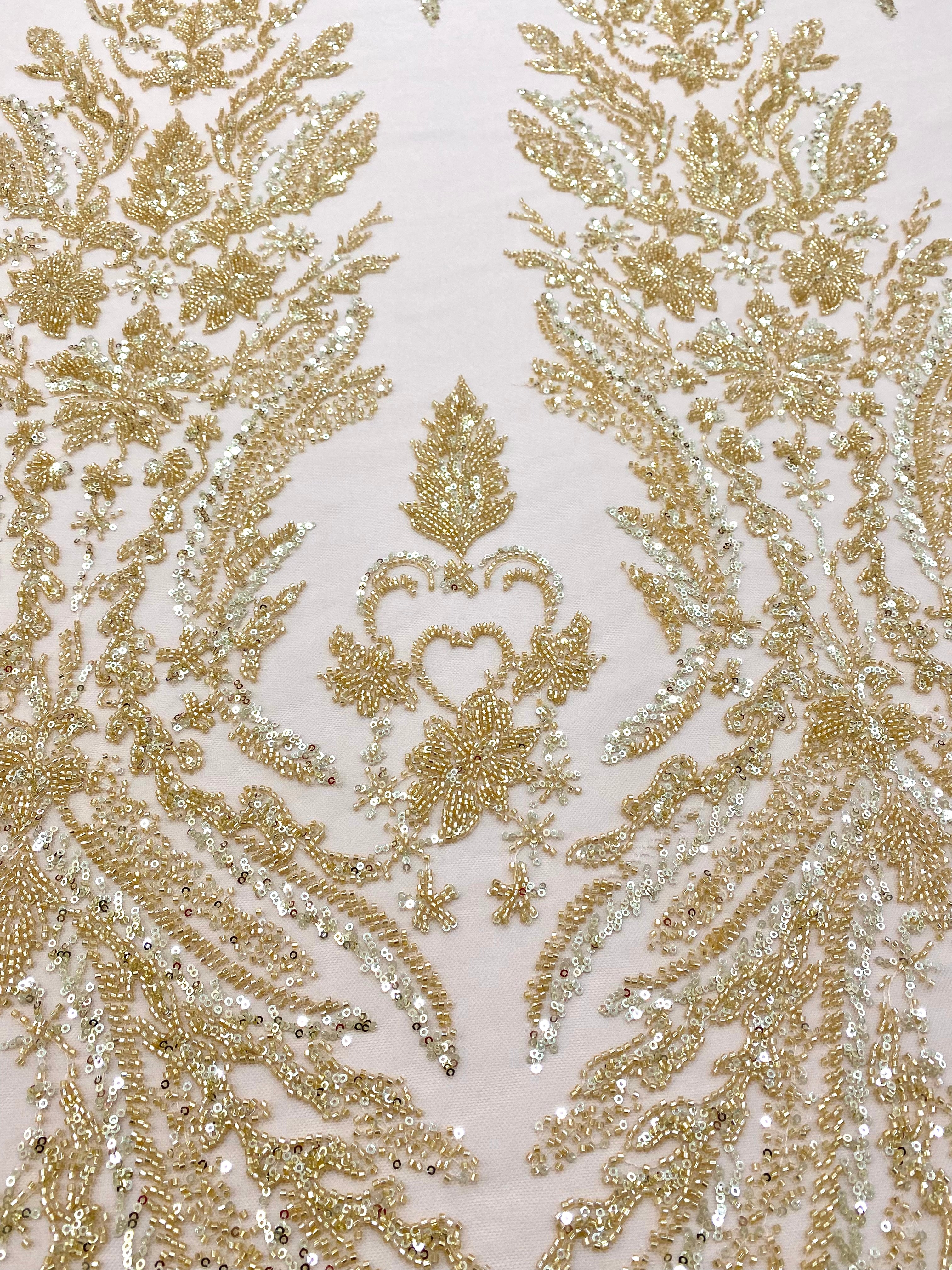 Gold Couture Lace with Floral Pattern, with Pearls, Beads and Sequins