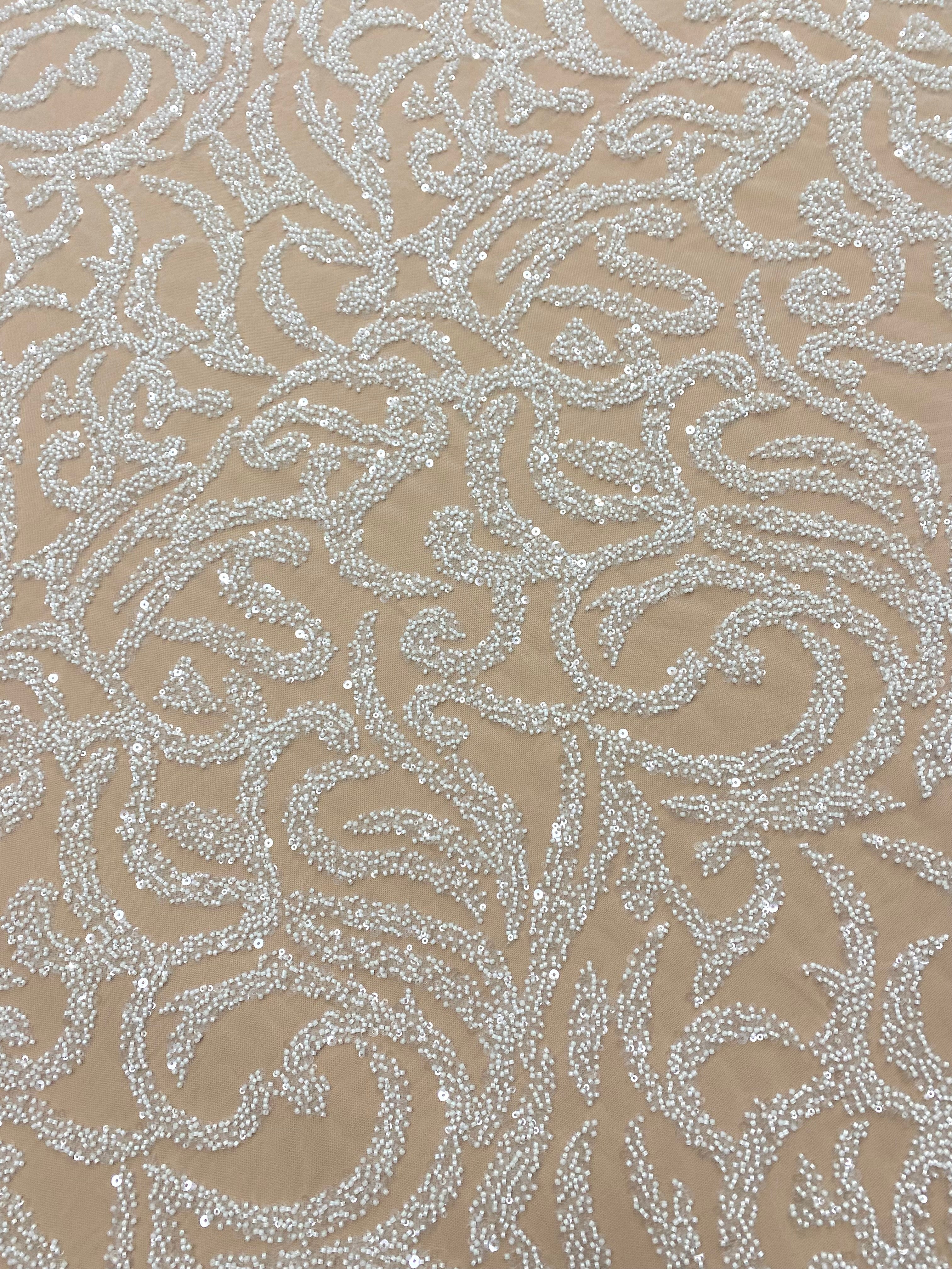 Dantela Couture Ivory cu Model Geometric, cu Margele si Paiete