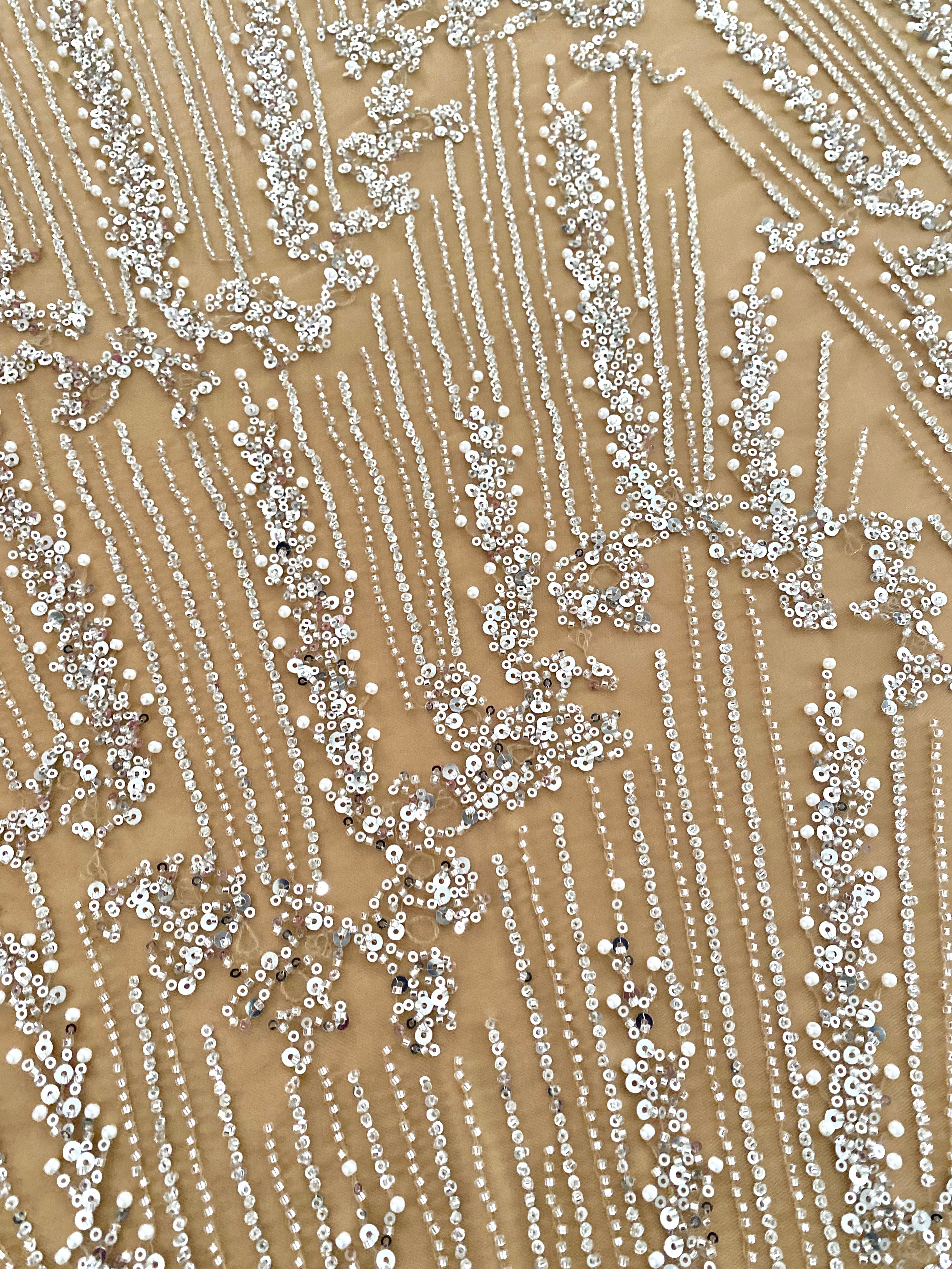 0.9m Voucher of Silver Couture Lace on Champagne Tulle, with Symmetrical Pattern, with Beads and Sequins 