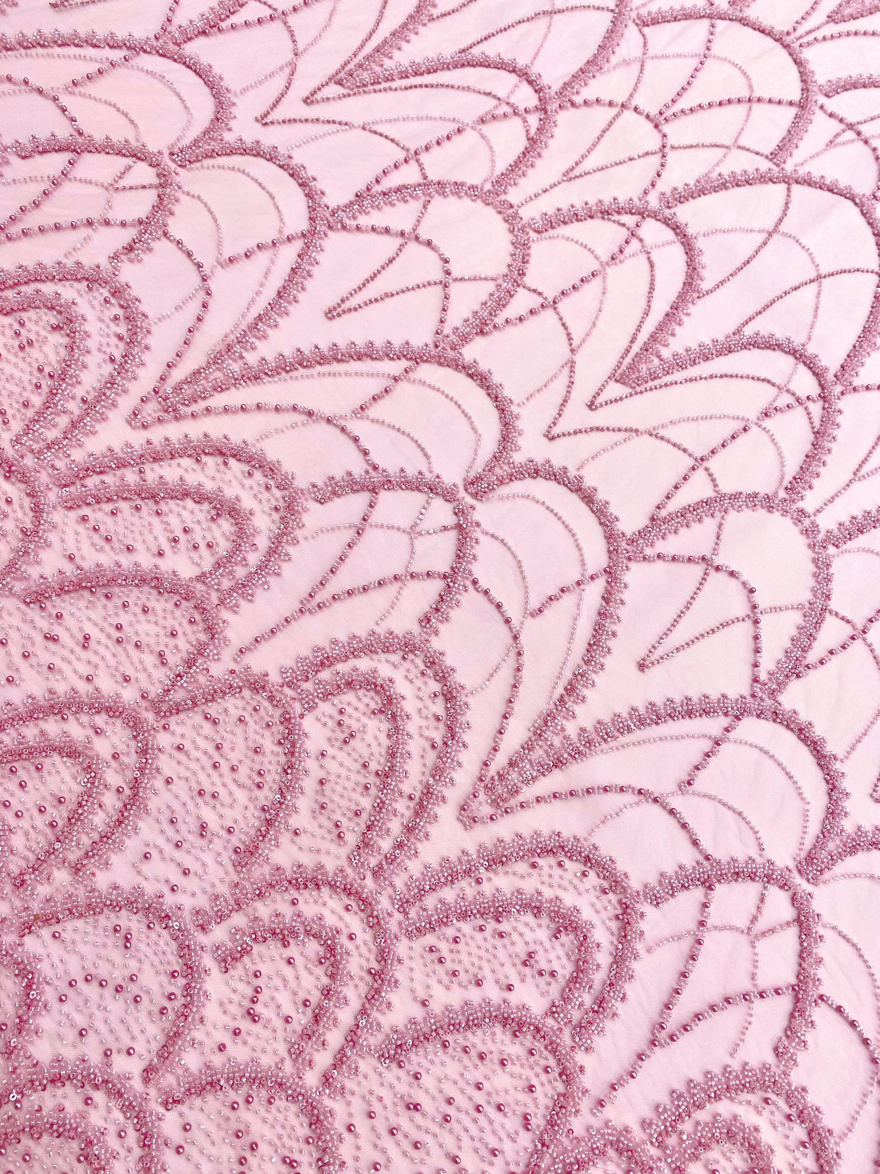 Pink Couture Lace with Geometric Pattern, with Pearls, Beads and Sequins