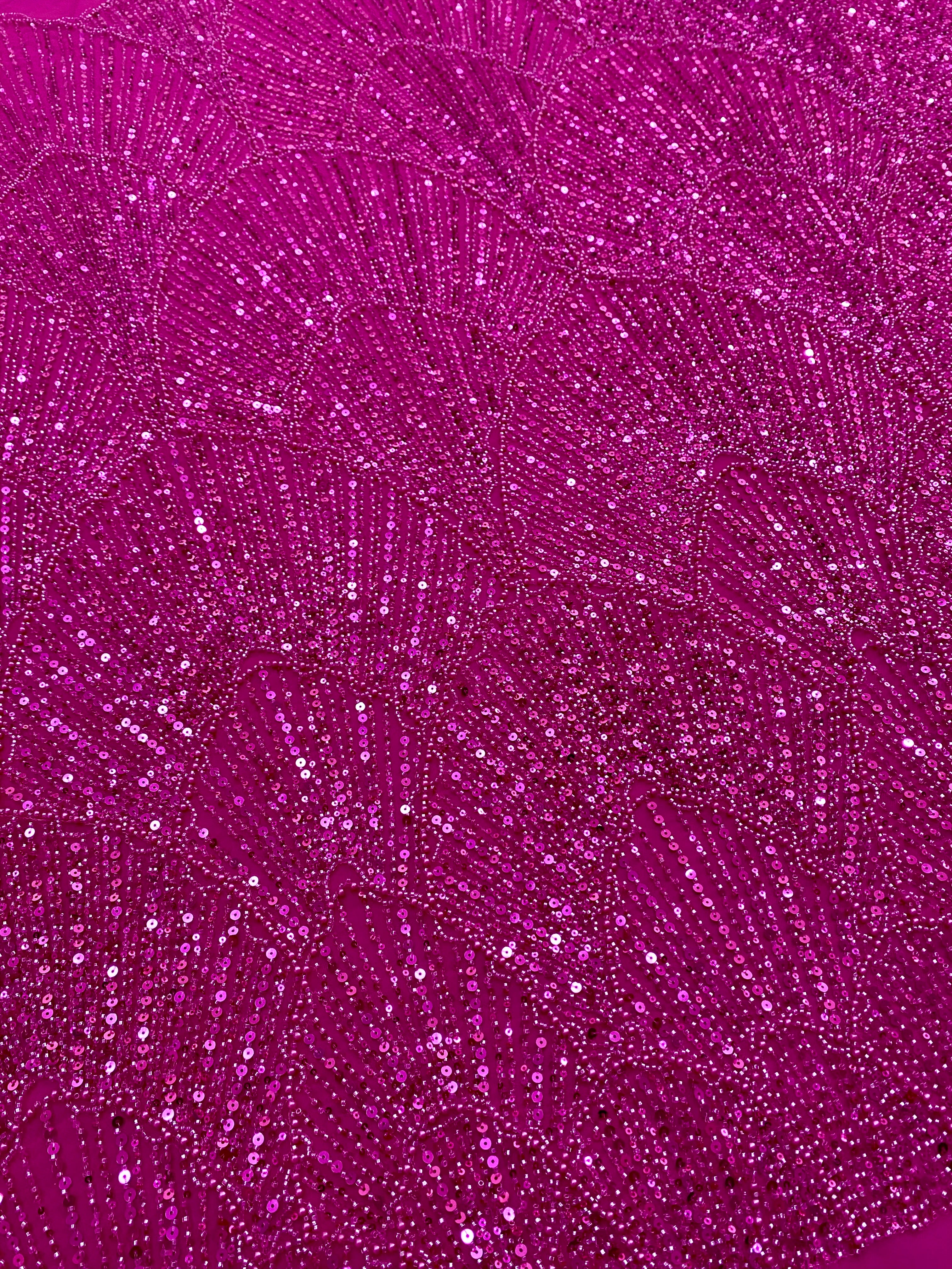 Dantela Couture Fucsia cu Model Geometric, cu Perle, Margele si Paiete