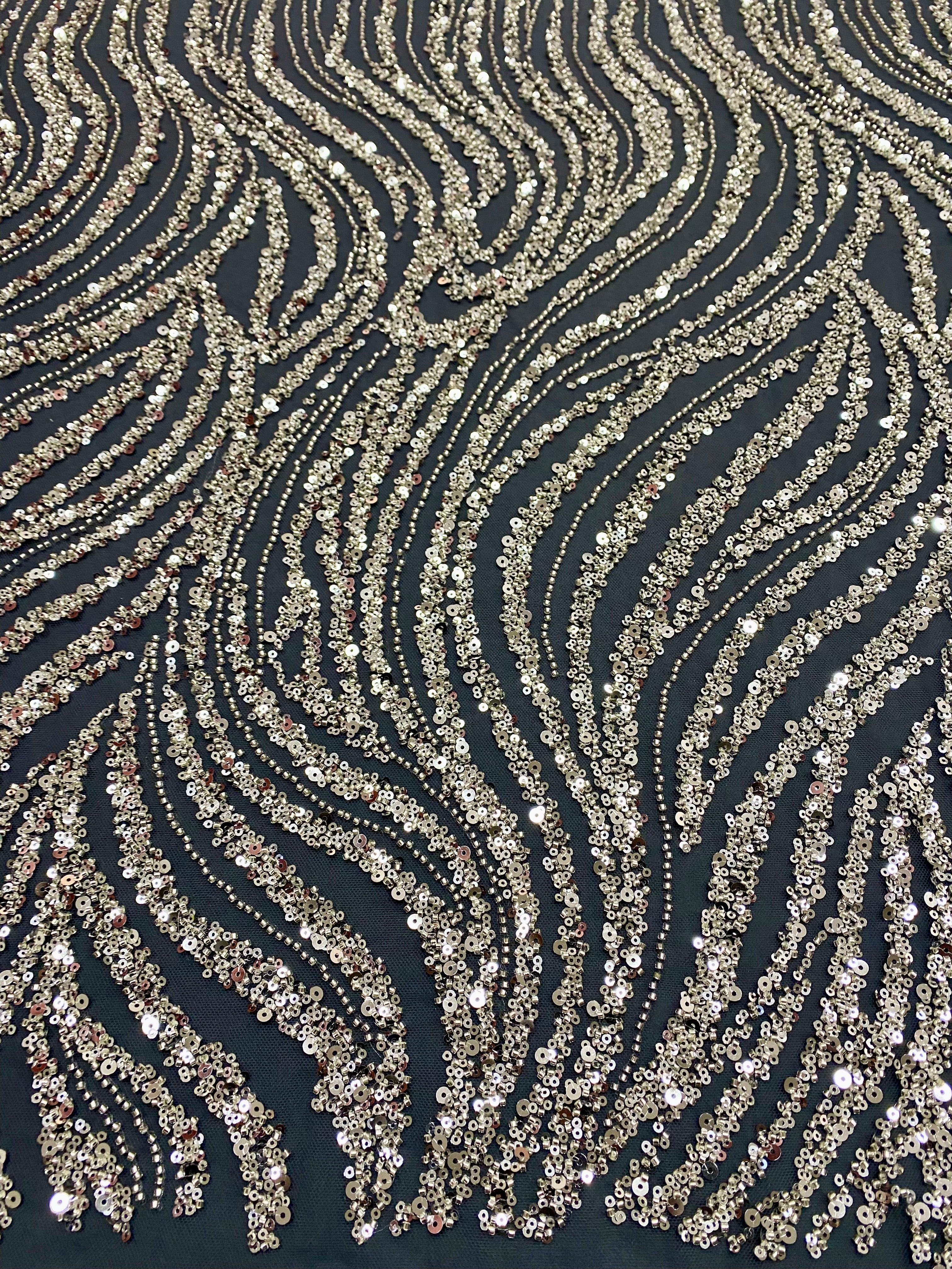 Silver Lace with Linear Pattern, with Pearls and Sequins