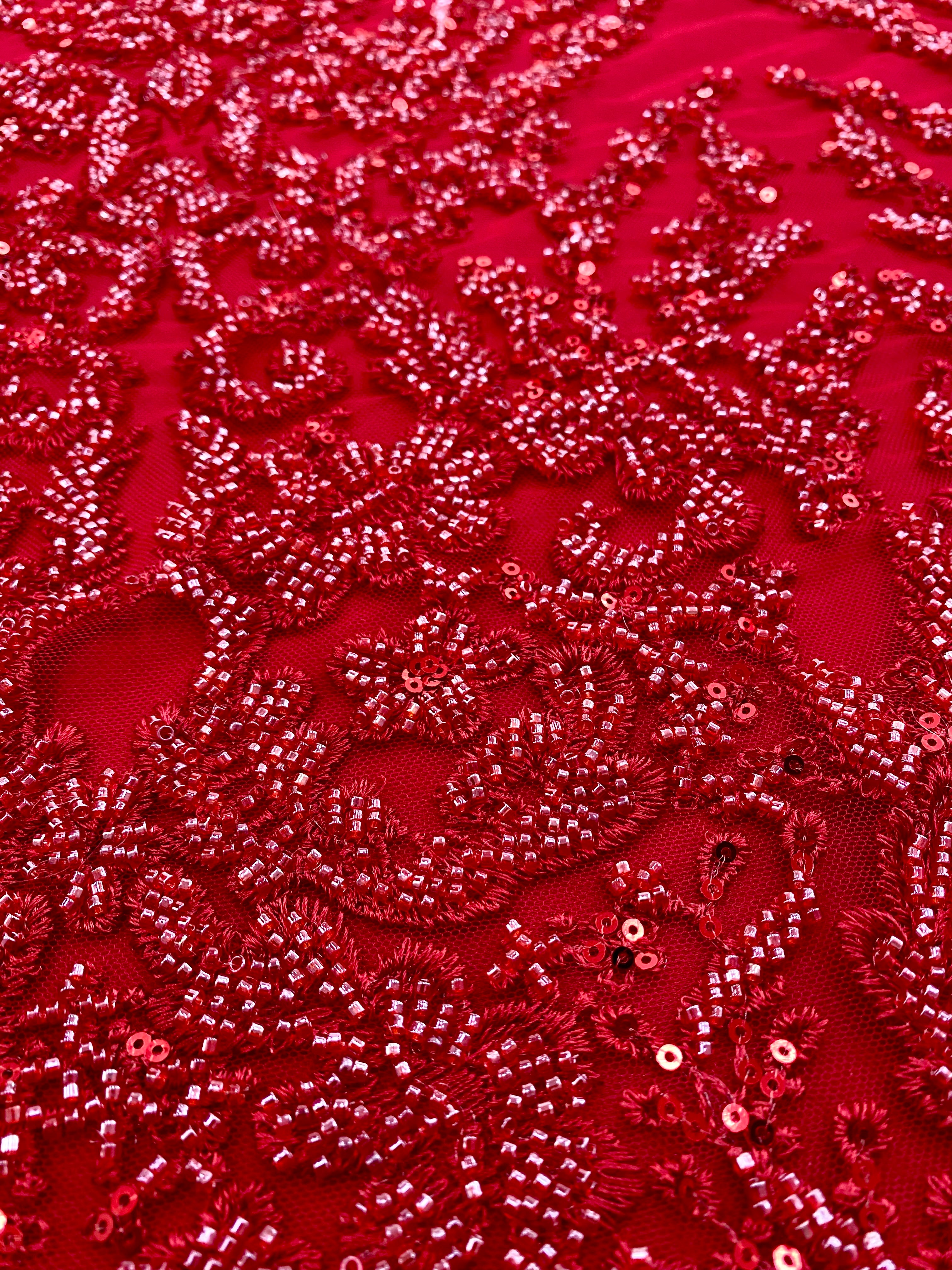 Red Couture Lace with Geometric Pattern, Beads and Sequins