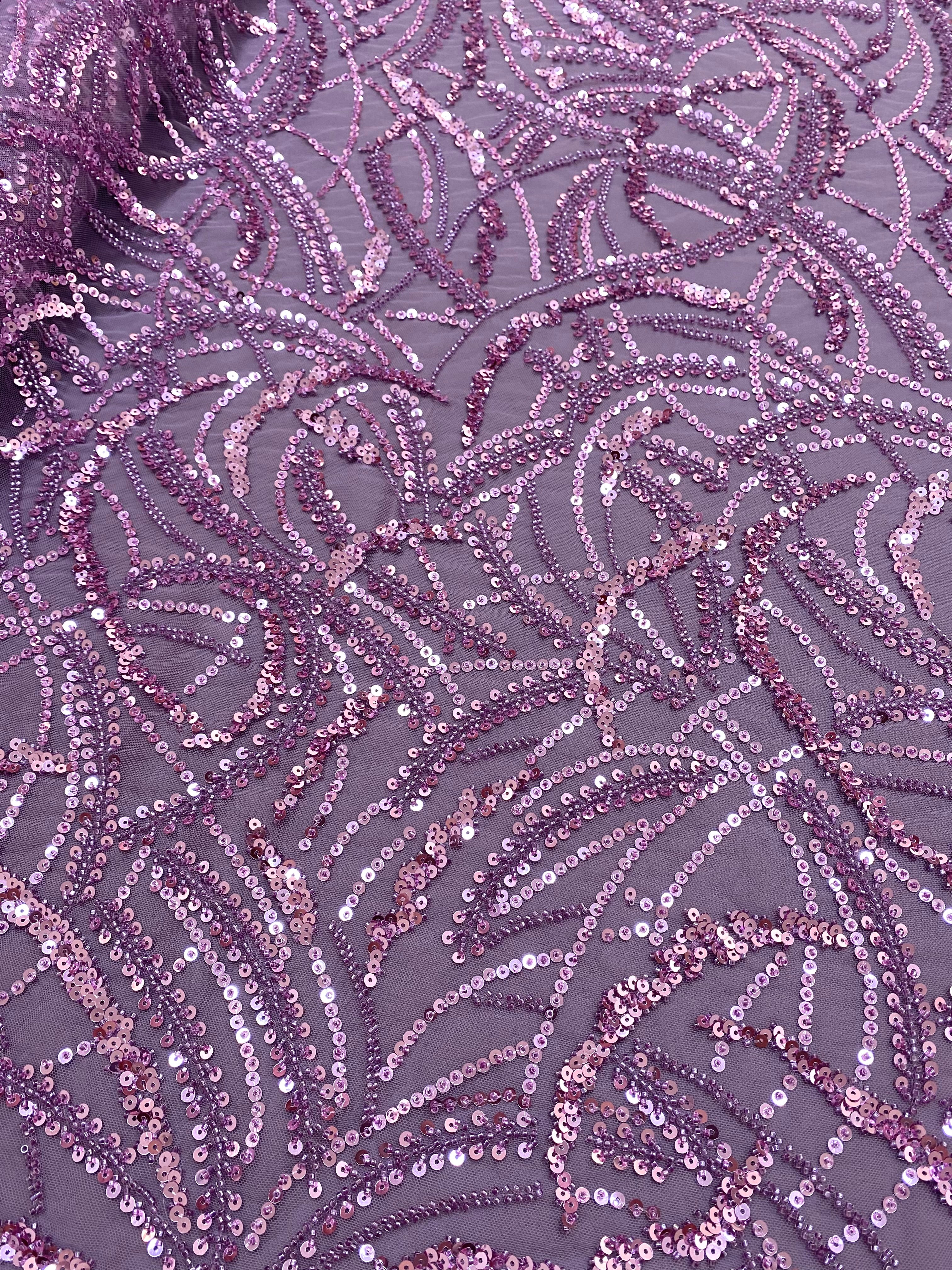 Dantela Couture Lavanda Pudrata cu Model Geometric, Margele si Paiete