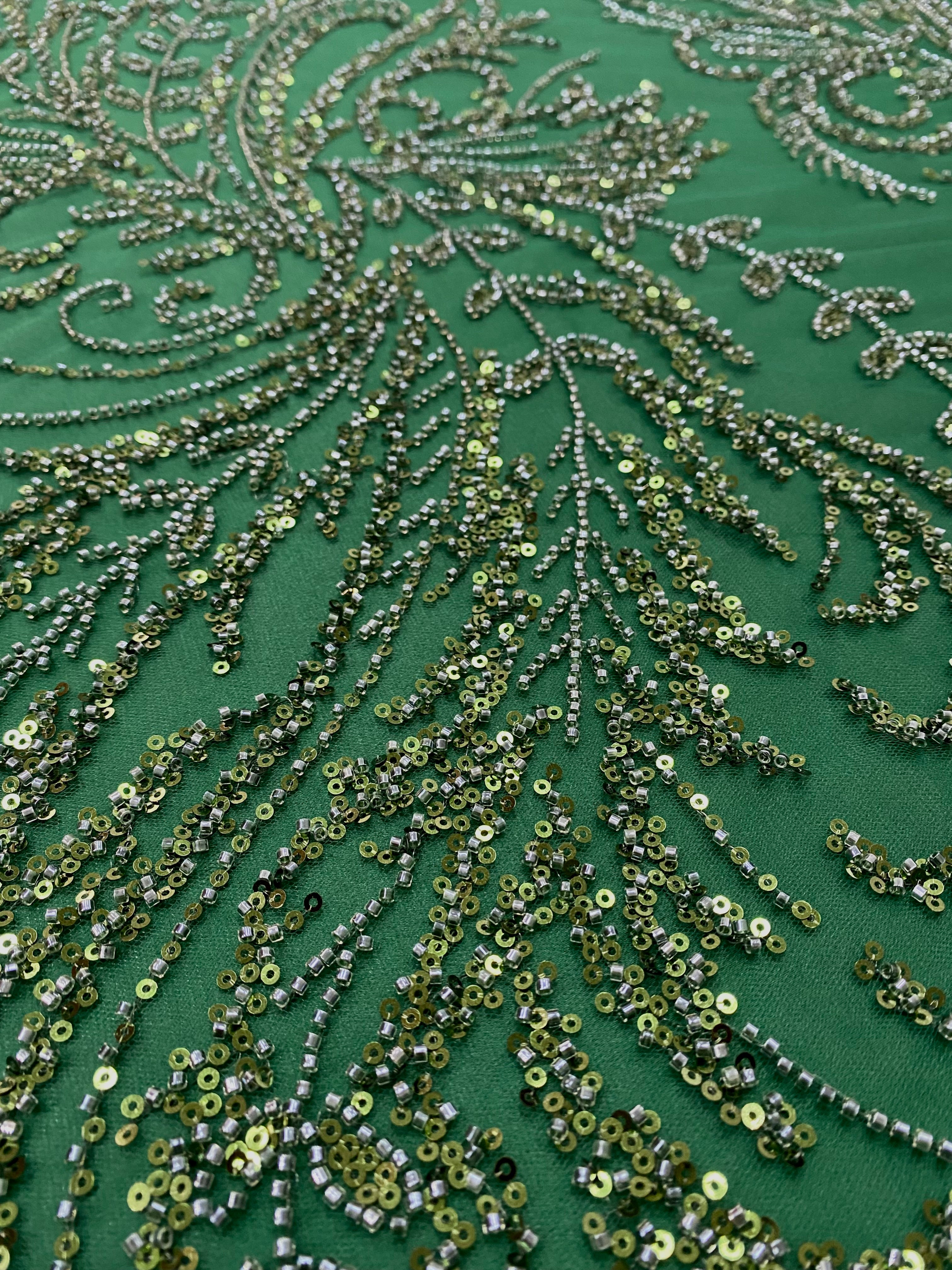 Emerald Green Couture Lace with Floral Pattern, Beads and Sequins