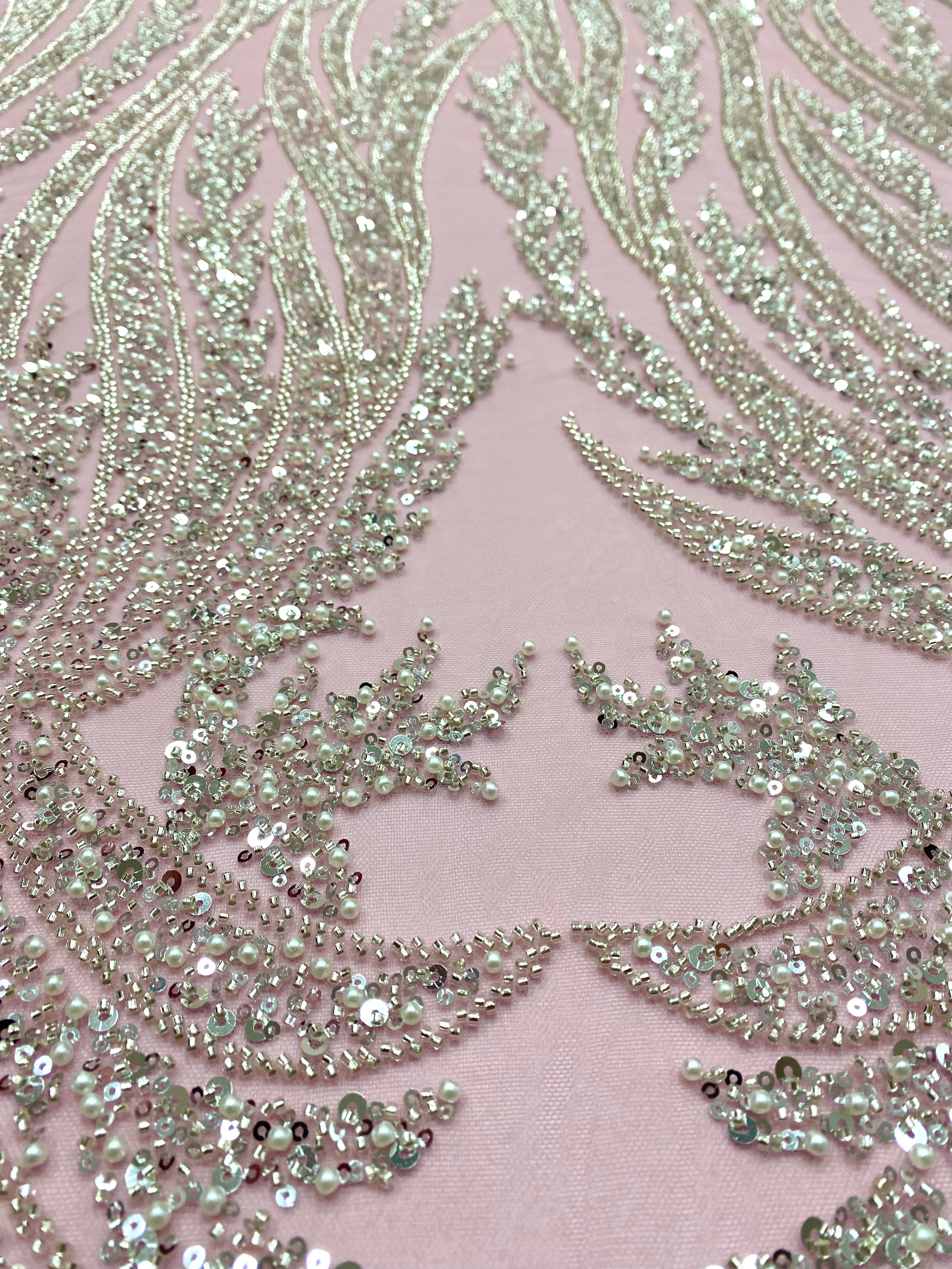Silver Couture Lace on Blue Tulle, with Symmetrical Pattern, with Beads and Sequins 