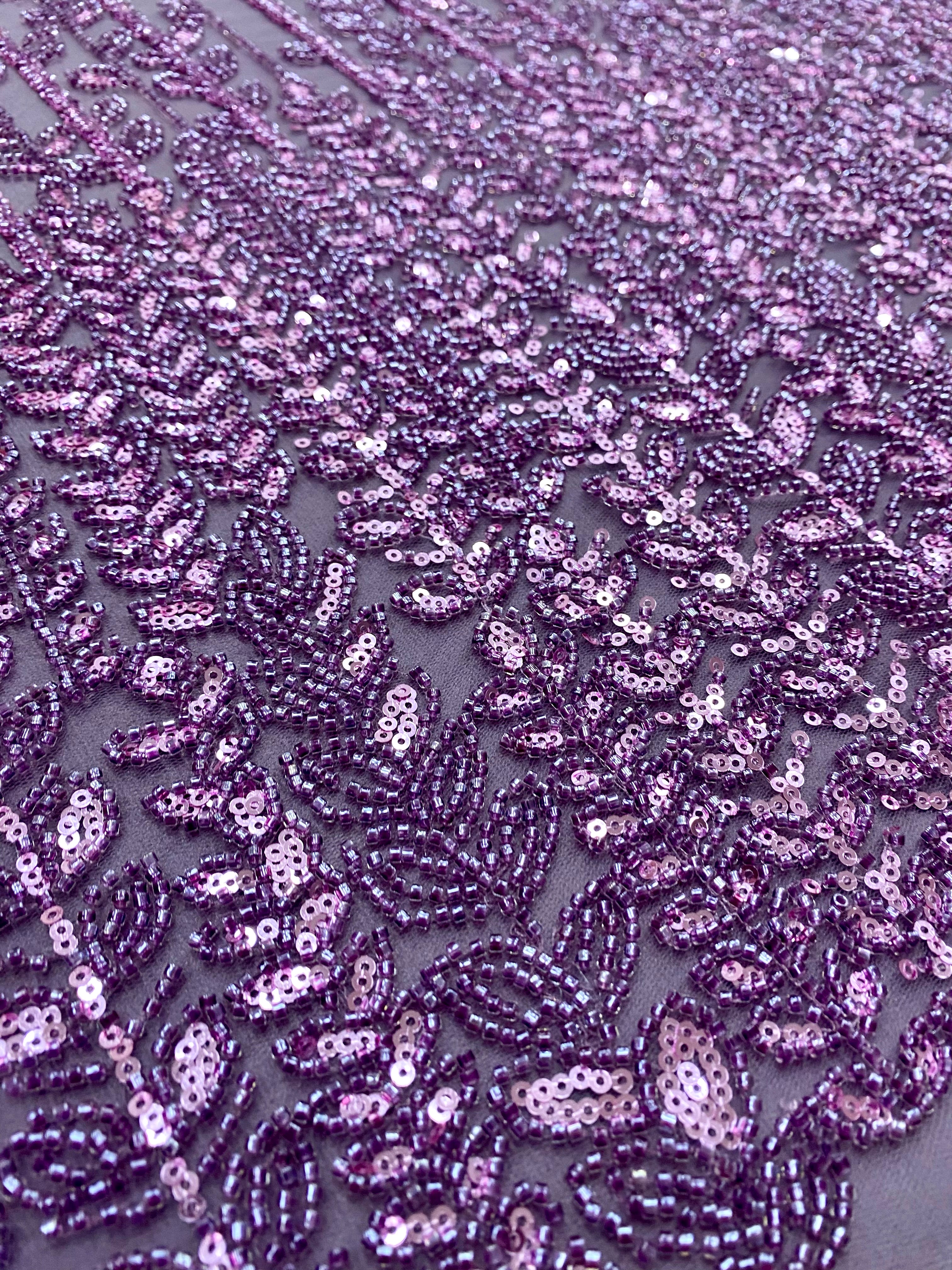 Dantela Couture Lavanda Pudrata cu Model Liniar si Frunze, cu Margele si Paiete
