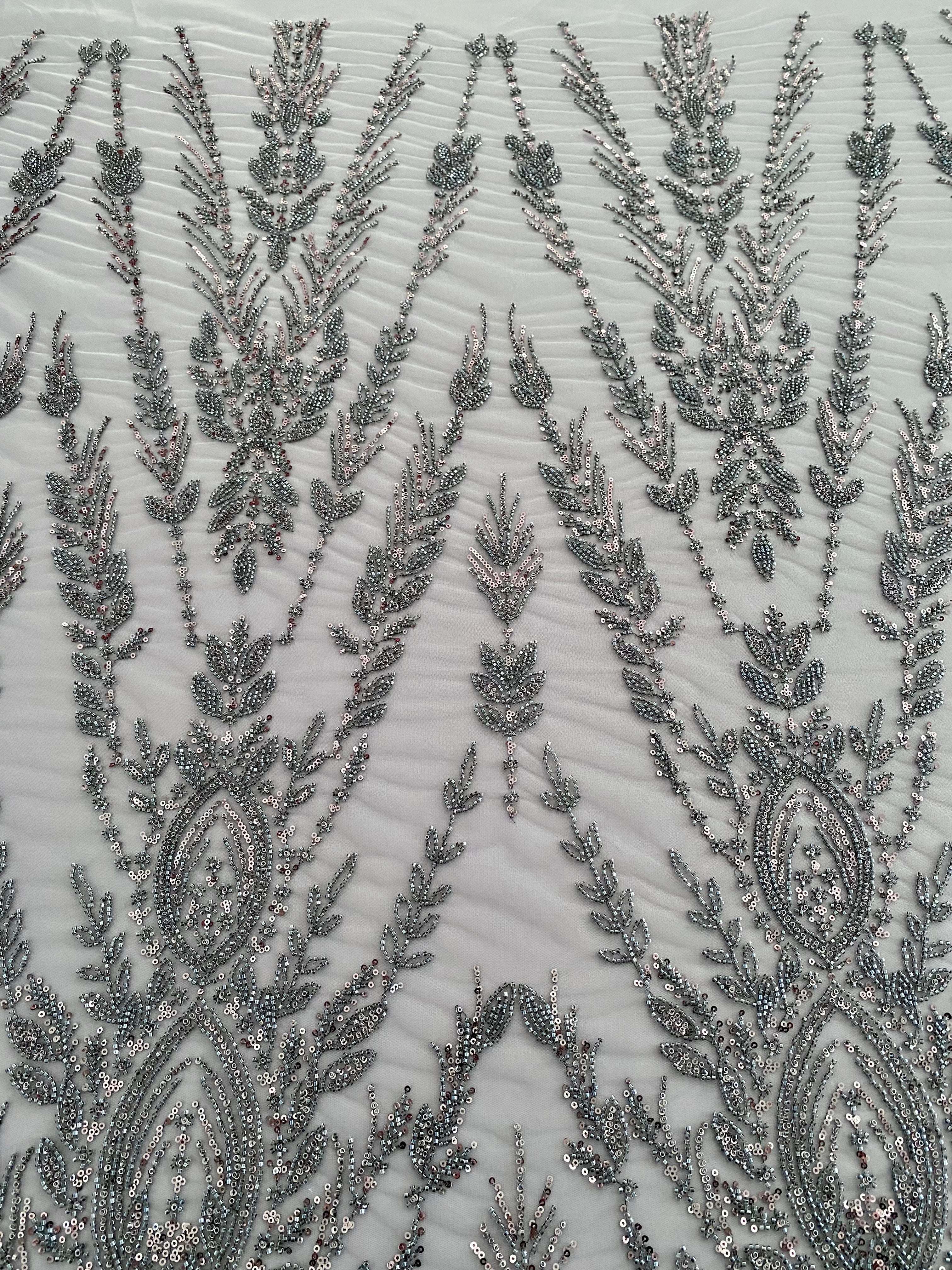 Anthracite Grey Couture Lace with Symmetrical Pattern, Beads and Sequins 