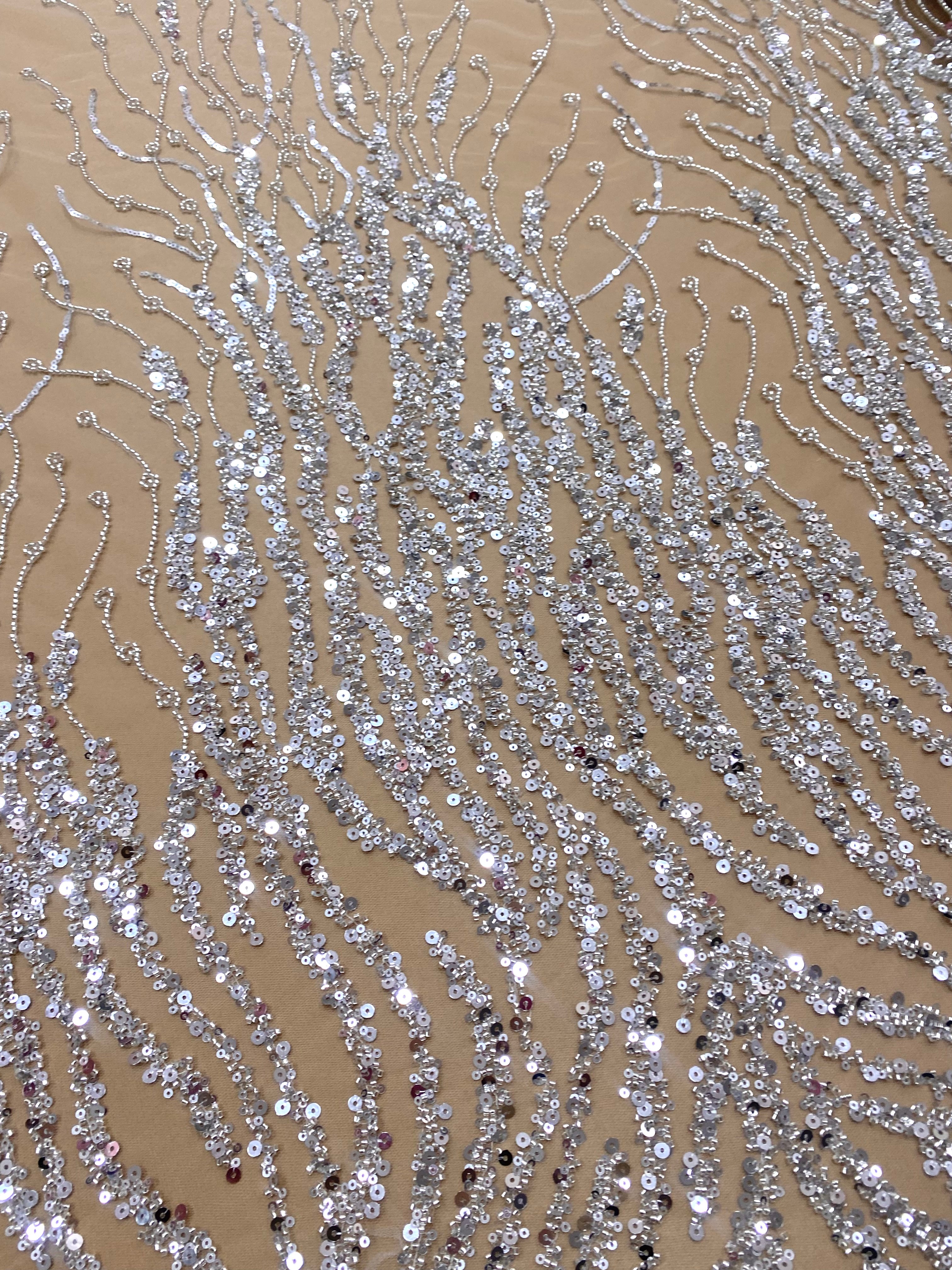Silver Lace with Linear Pattern, with Pearls and Sequins