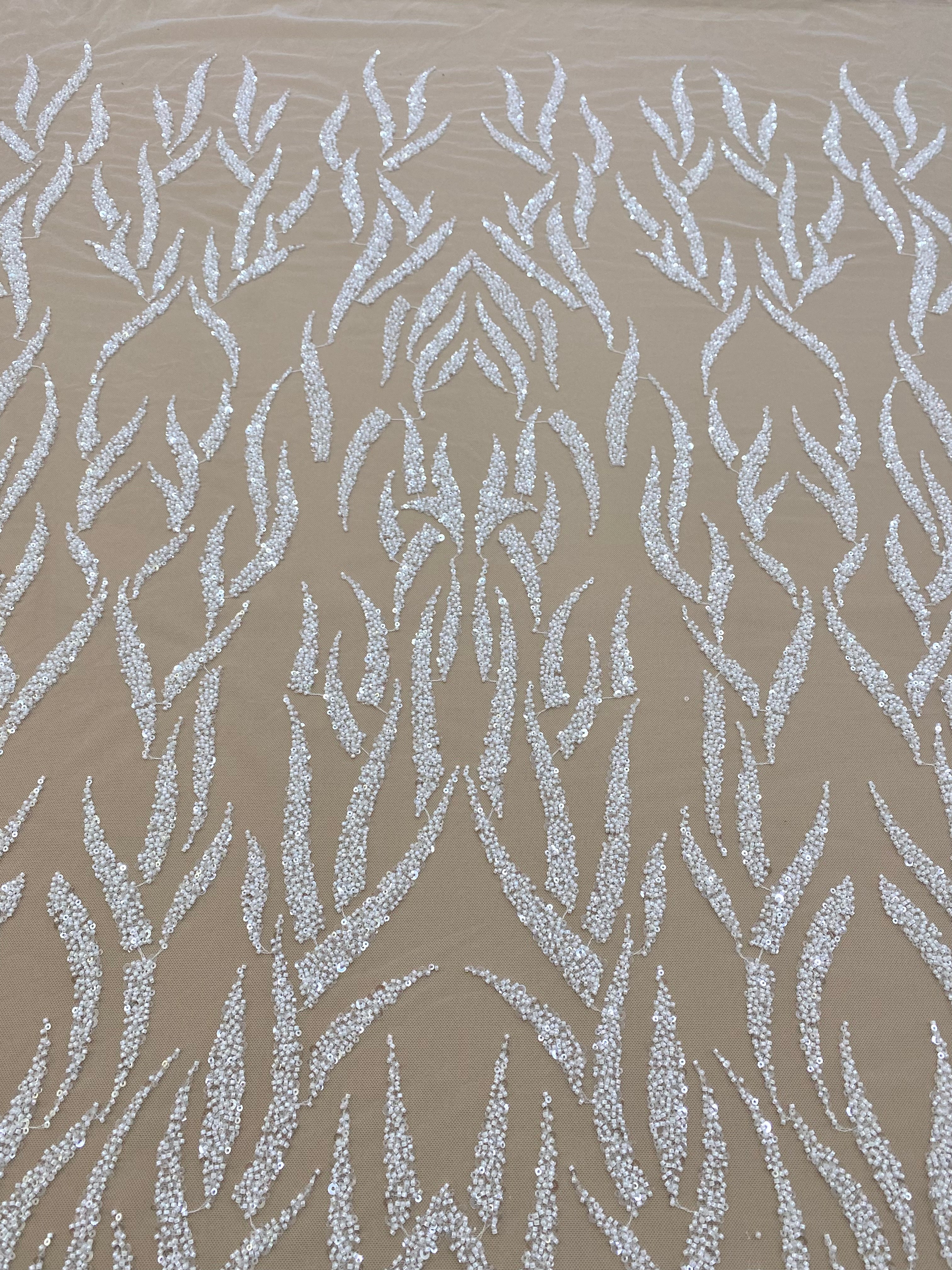 Ivory Couture Lace with Linear Pattern, Beads and Sequins